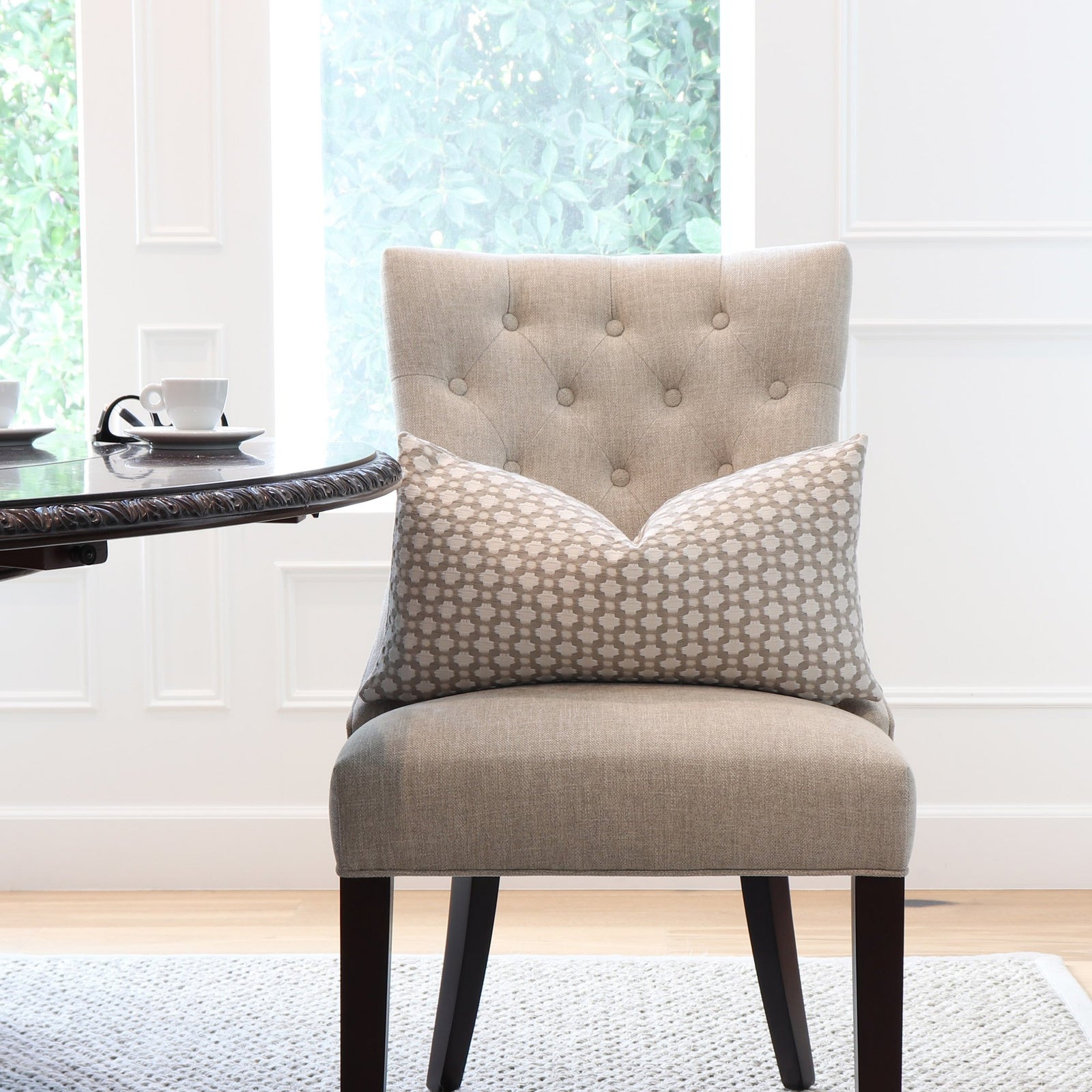 Schumacher Betwixt Stone Gray Lumbar Throw Pillow Cover on Accent Chair