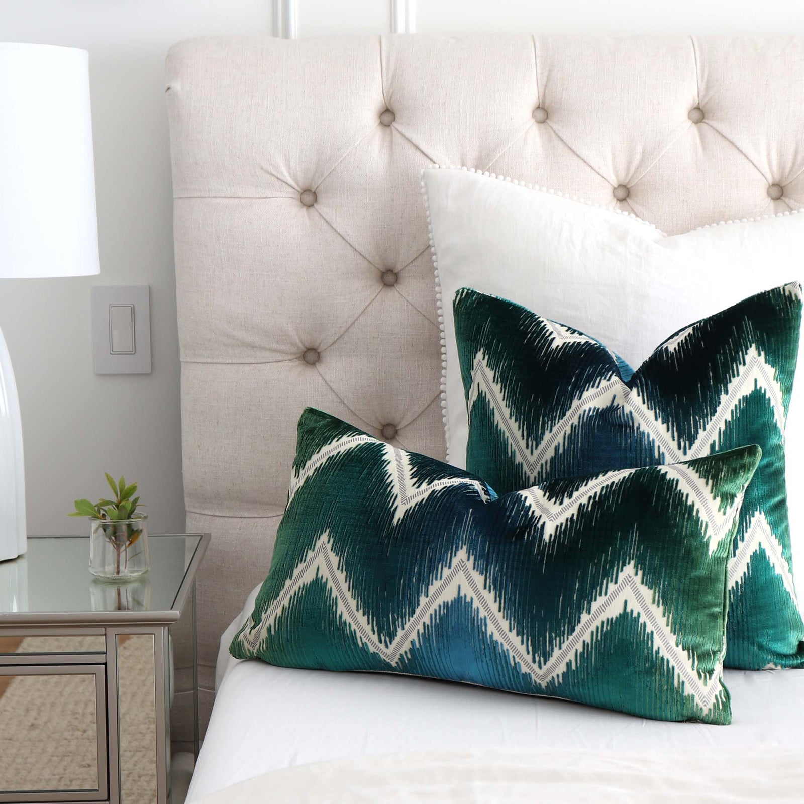 Schumacher Shock Wave Velvet Peacock Designer Throw Pillow Cover on King Size Bed