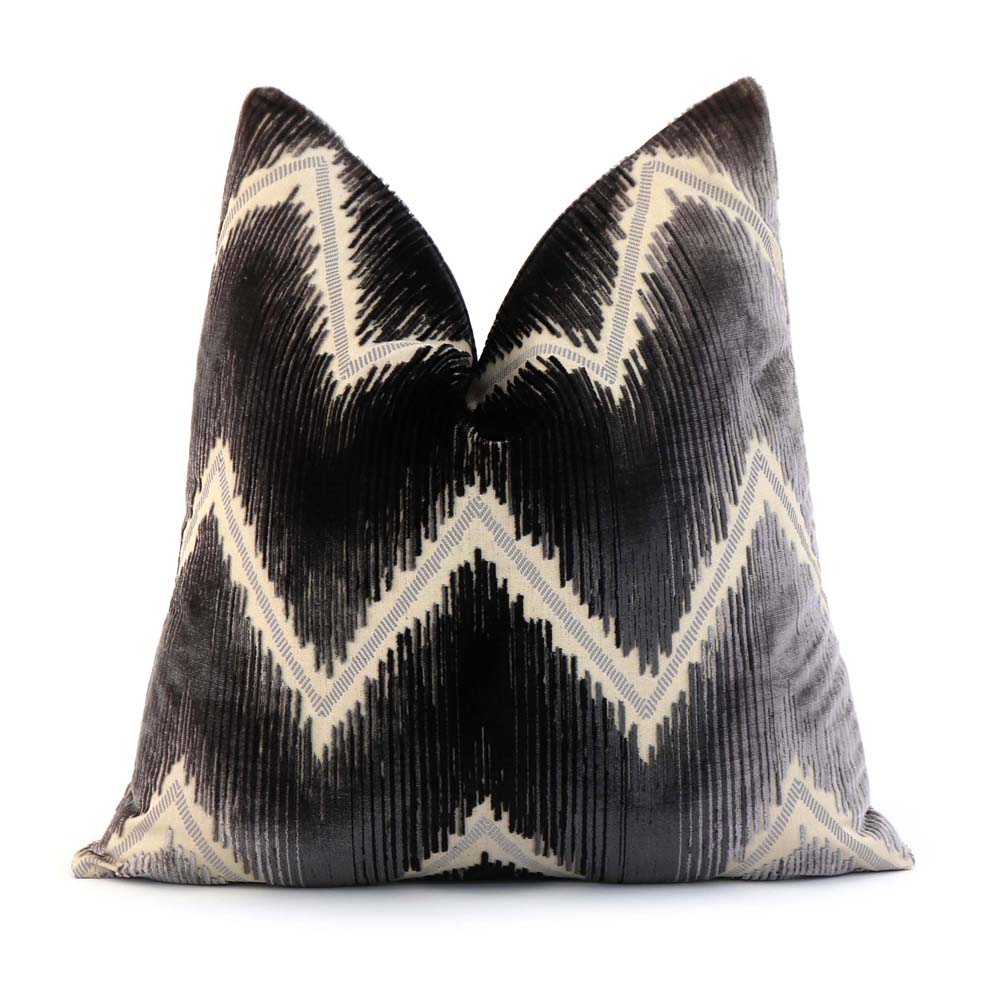 Schumacher Shock Wave Velvet Platinum Black Designer Throw Pillow Cover