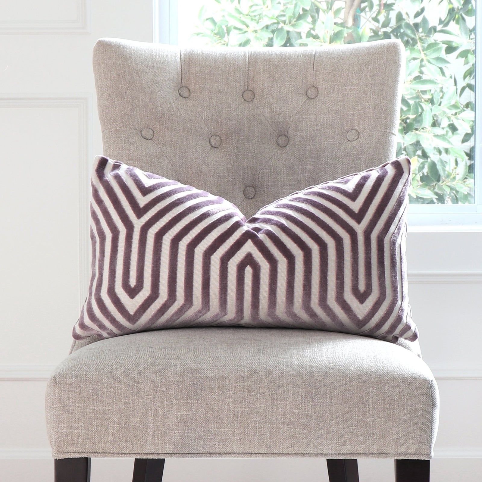 Schumacher Vanderbilt Lilac Velvet Lumbar Throw Pillow Cover on Accent Chair