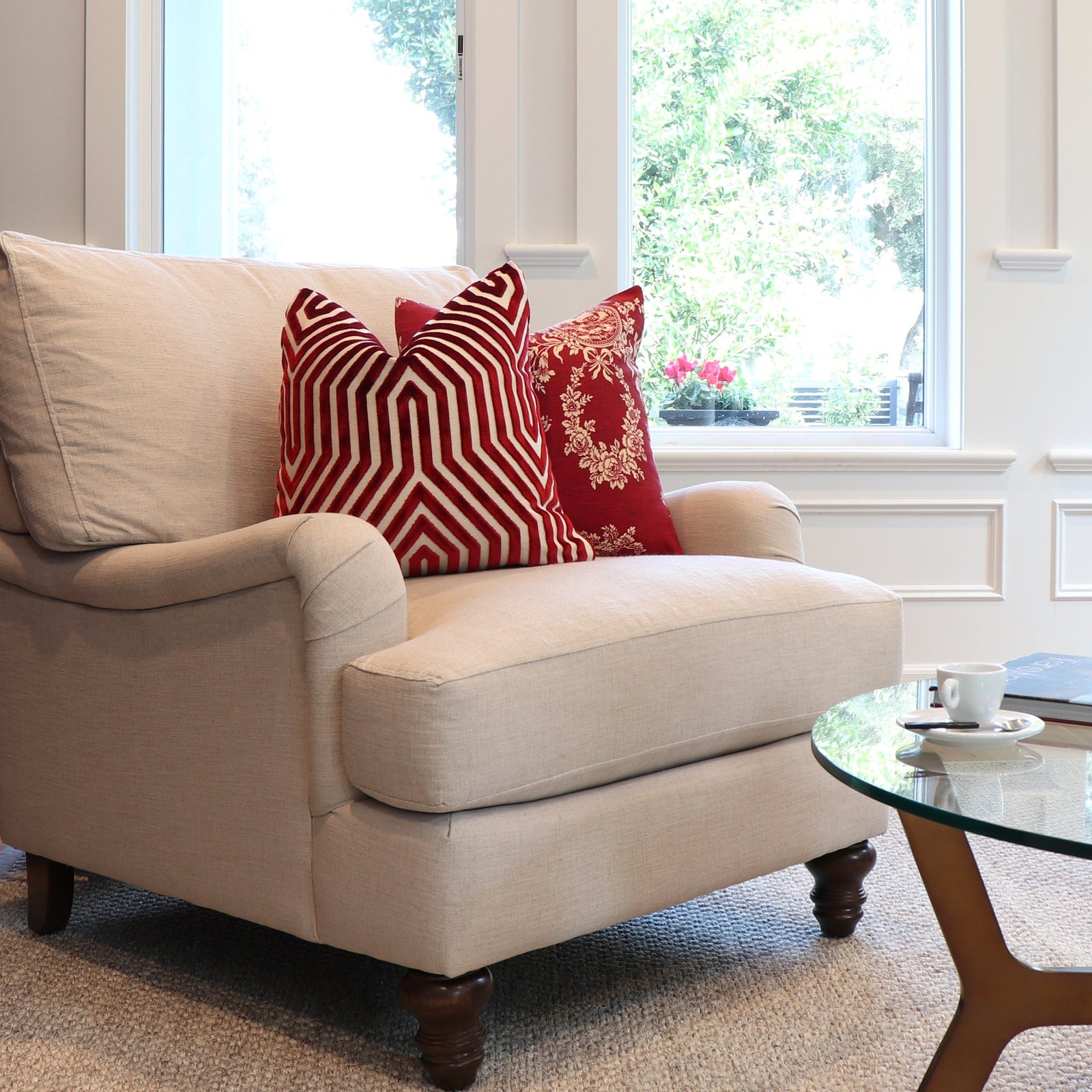 Schumacher Vanderbilt Garnet Velvet Designer Pillow Cover on Accent Chair