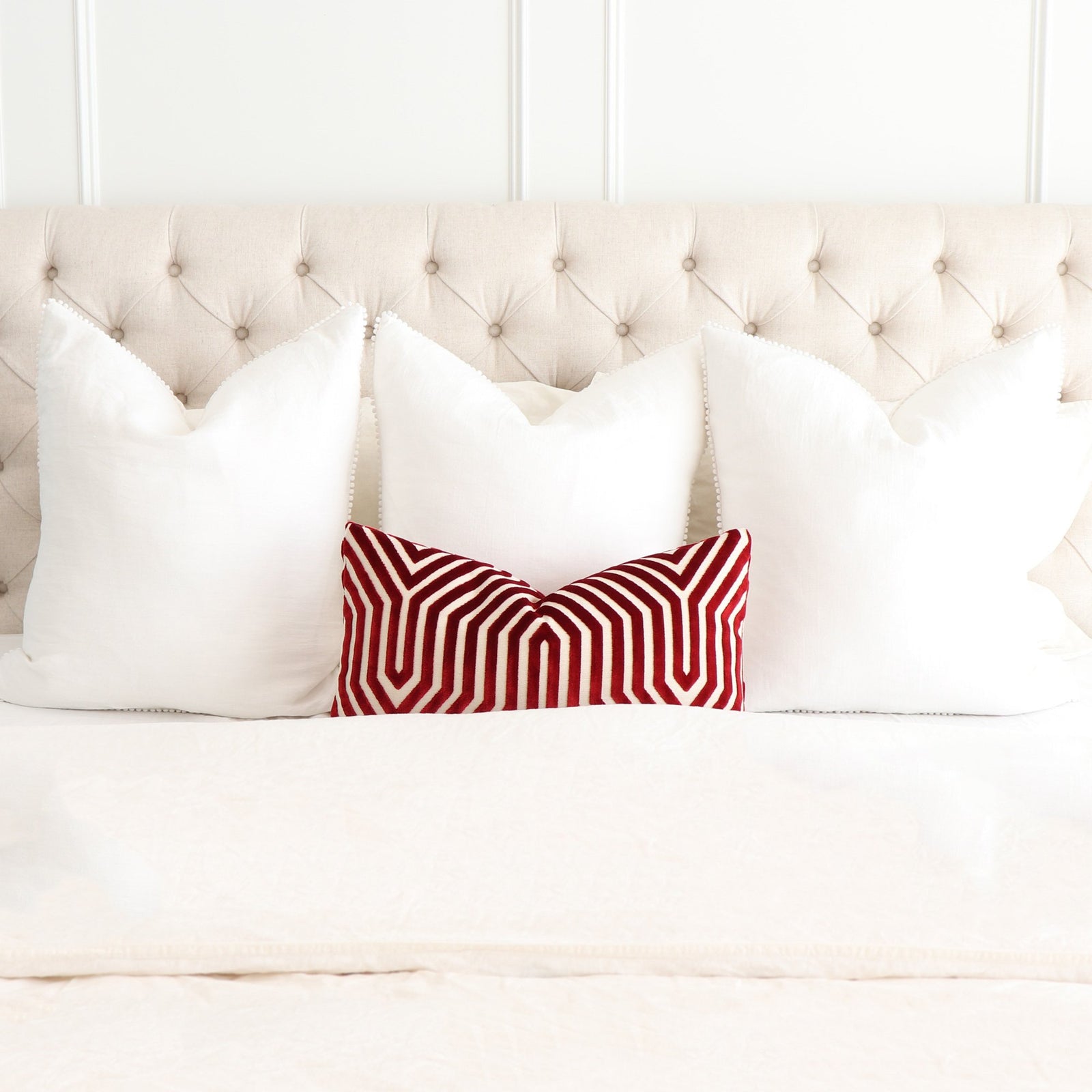 Schumacher Vanderbilt Garnet Velvet Designer Lumbar Pillow Cover in Bedroom