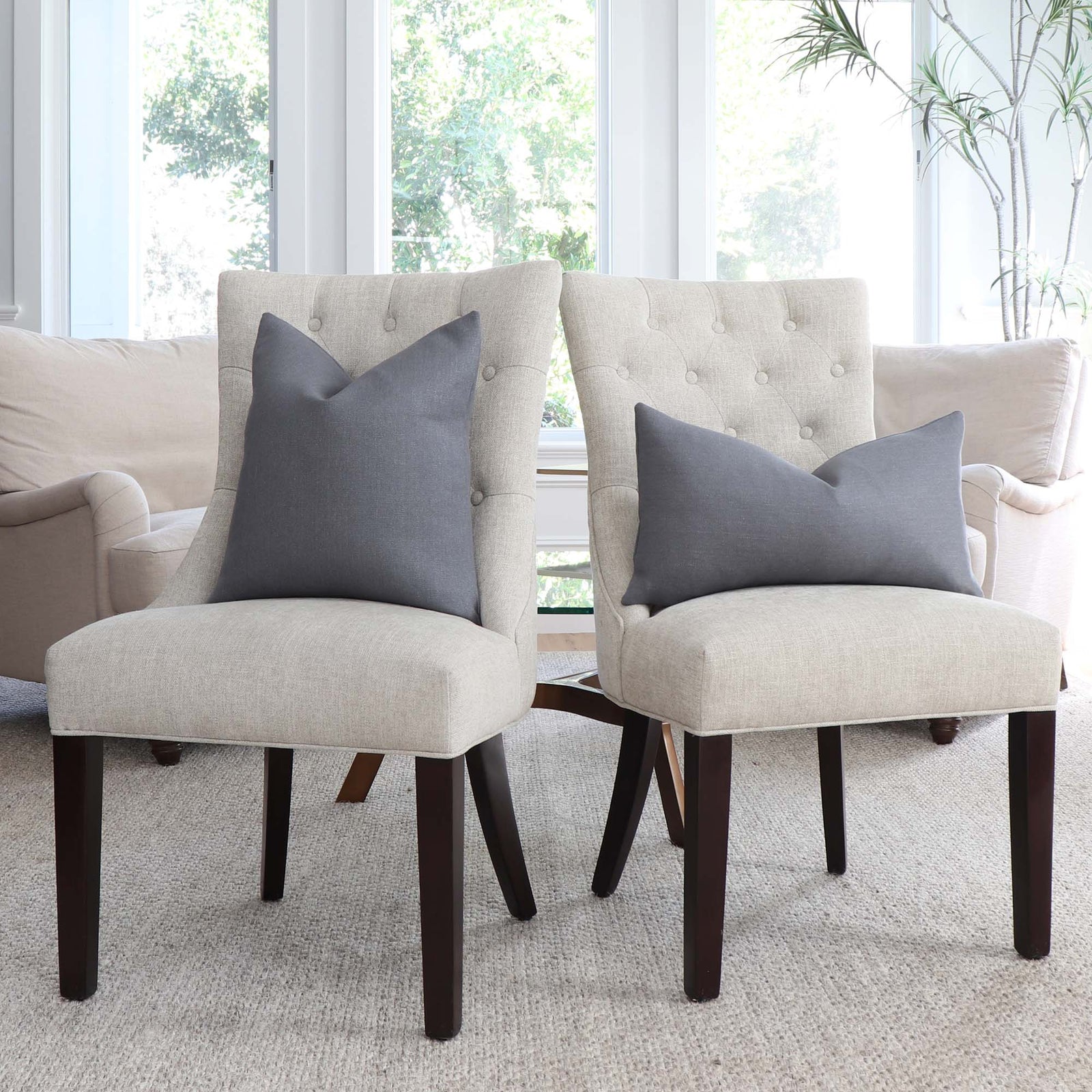 Tay Gray Solid Color Linen Designer Throw Pillow Cover on Dining Chairs