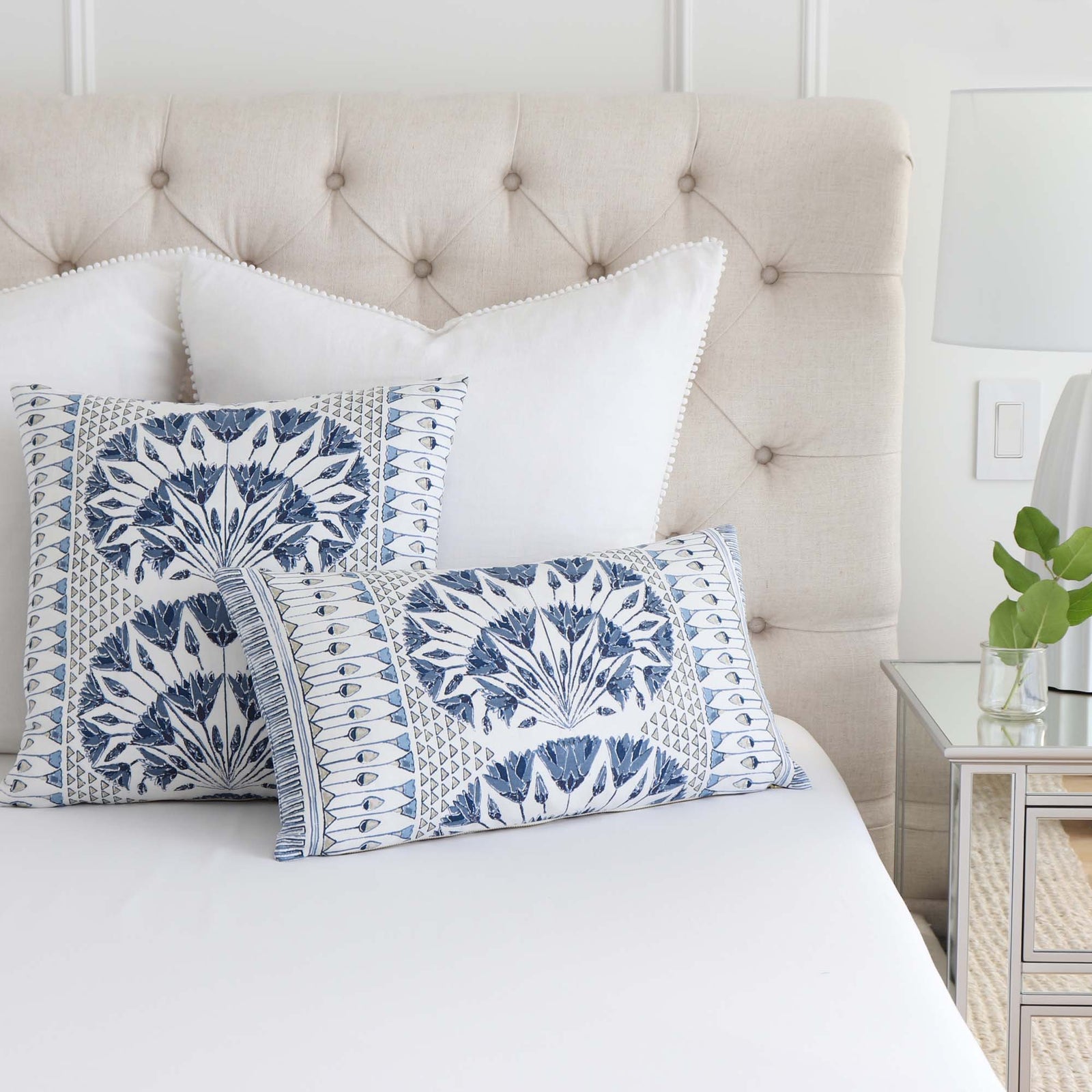Thibaut Anna French Cairo Floral Blue Designer Luxury Throw Pillow Cover with White Euro Shams on King Bed