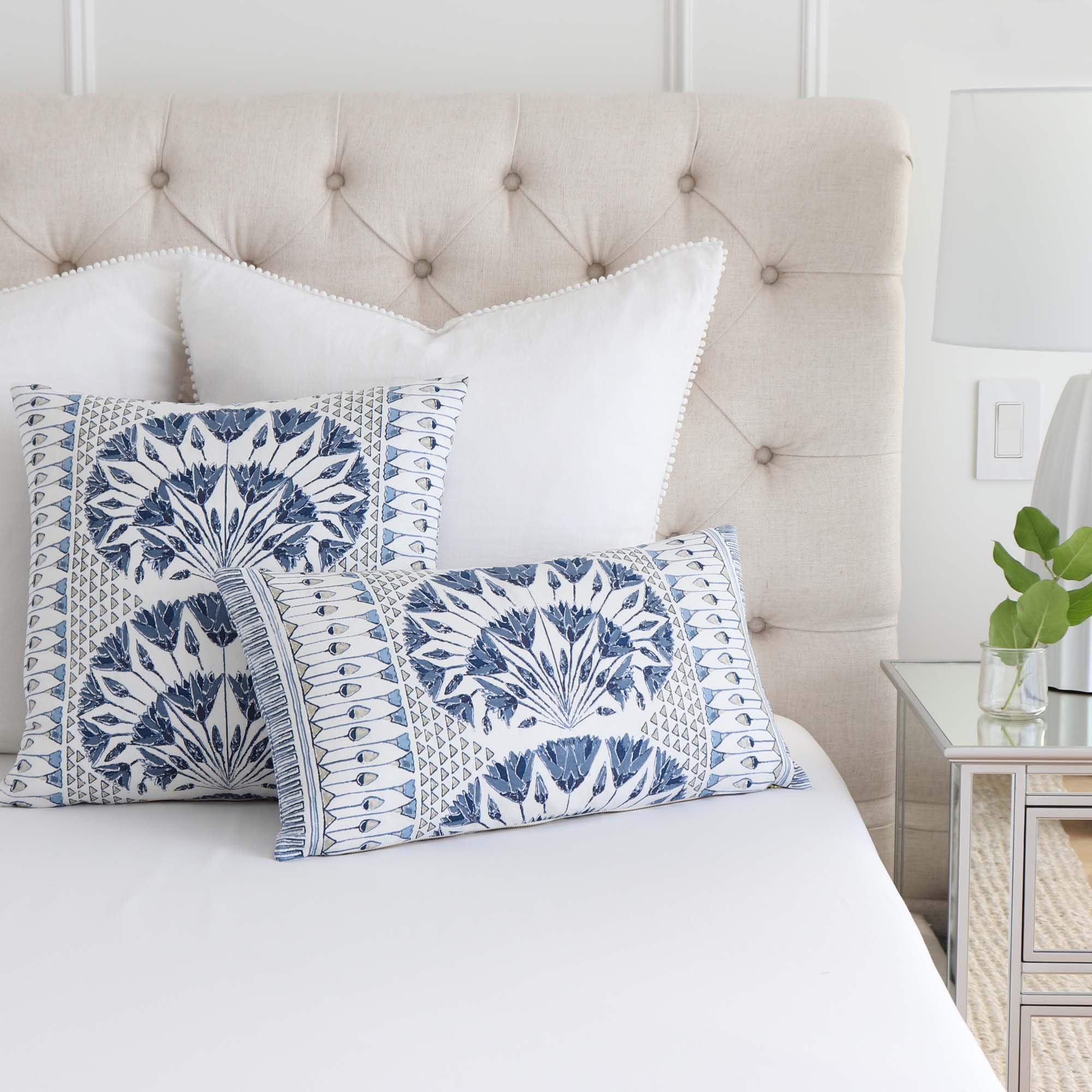Thibaut Anna French Cairo Floral Blue Designer Luxury Throw Pillow Cover with White Euro Shams on King Bed