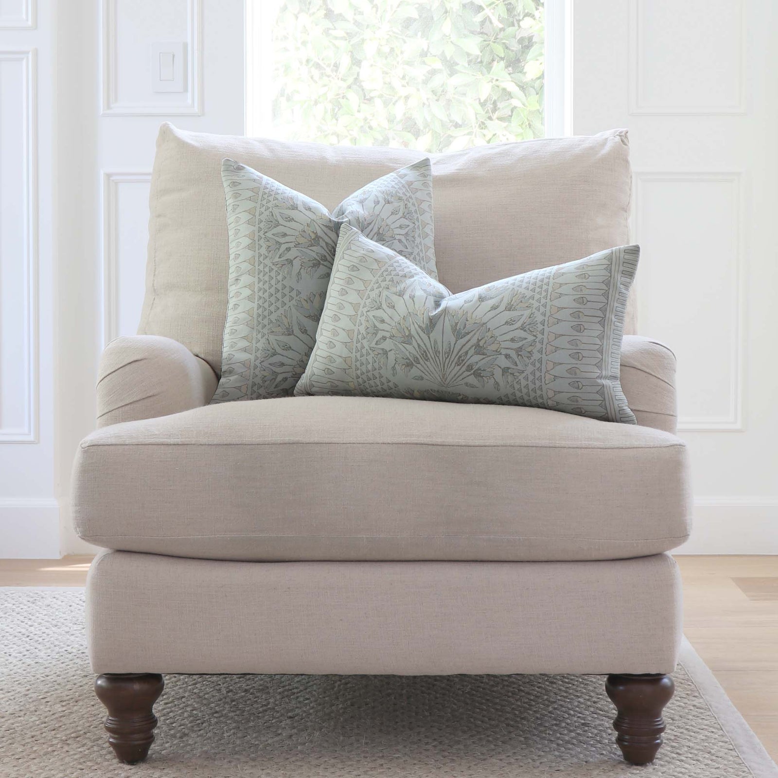 Thibaut Anna French Cairo Floral Spa Blue Designer Luxury Throw Pillow Cover on Accent Chair in Living Room Home