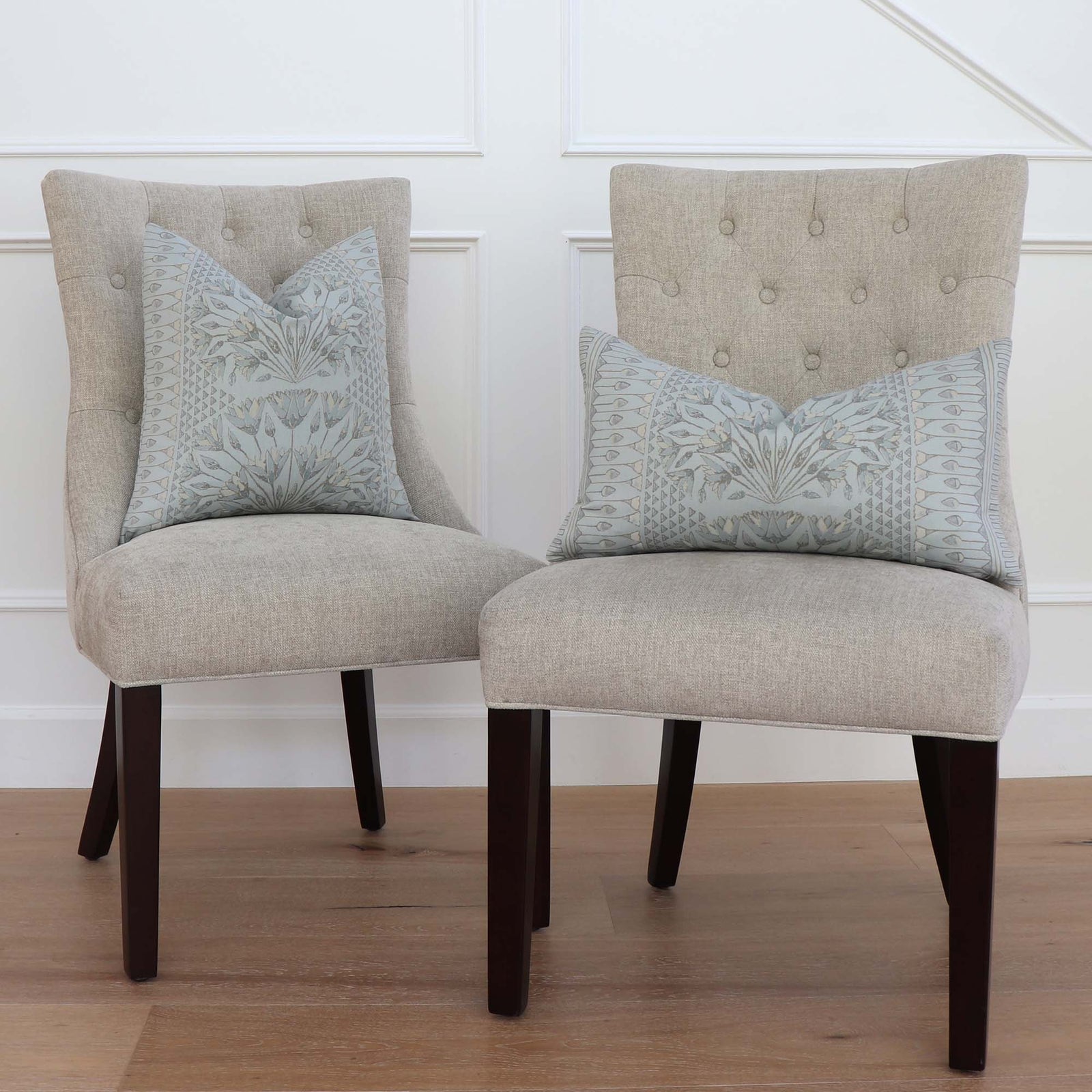 Thibaut Anna French Cairo Floral Spa Blue Designer Luxury Throw Pillow Cover on Dining Chairs in Home Decor