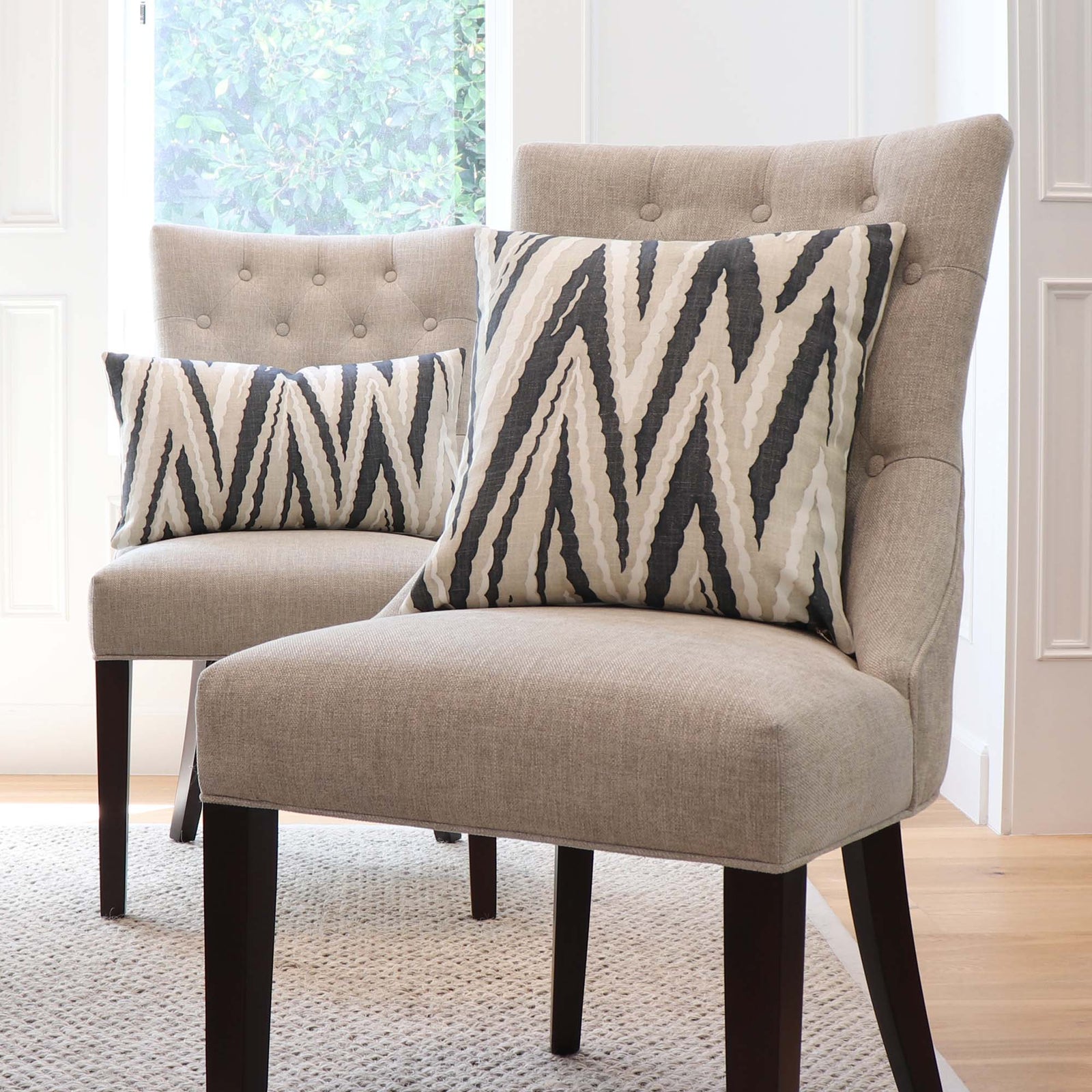 Thibaut Anna French Highland Peak Black Printed Chevron Linen Decorative Throw Pillow Cover on Side Chairs in Home