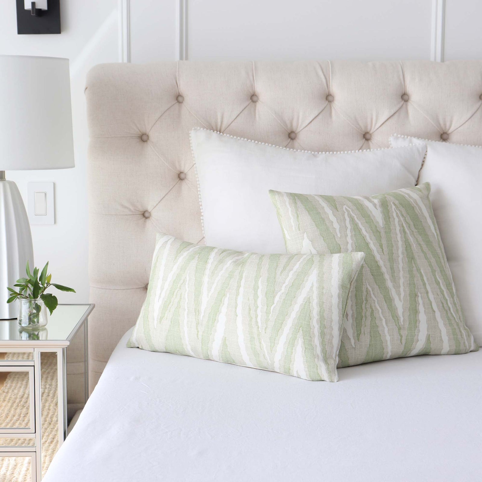 Thibaut Anna French Highland Peak Green Printed Chevron Linen Decorative Throw Pillow Cover in Bedroom