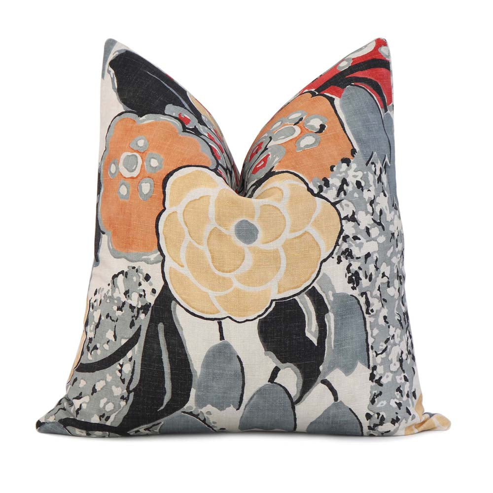 Thibaut Anna French Laura Coral Orange Black Floral Linen Designer Decorative Throw Pillow Cover