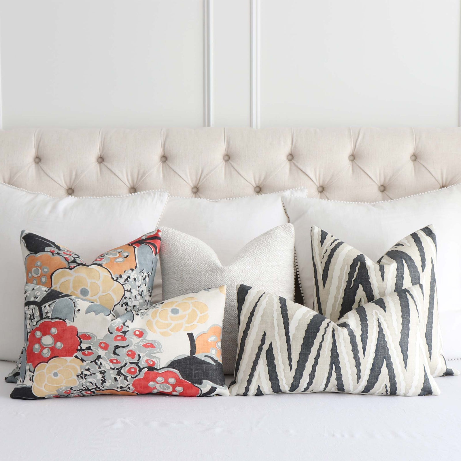 Thibaut Anna French Laura Coral Orange Black Floral Linen Designer Decorative Throw Pillow Cover with Matching Throw Pillows