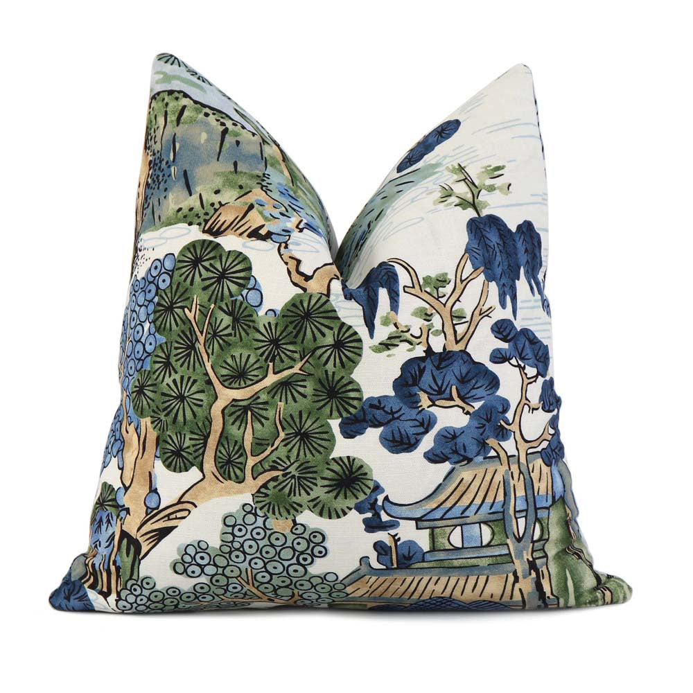 Thibaut Asian Scenic Blue and Green Chinoiserie Designer Luxury Decorative Throw Pillow Cover
