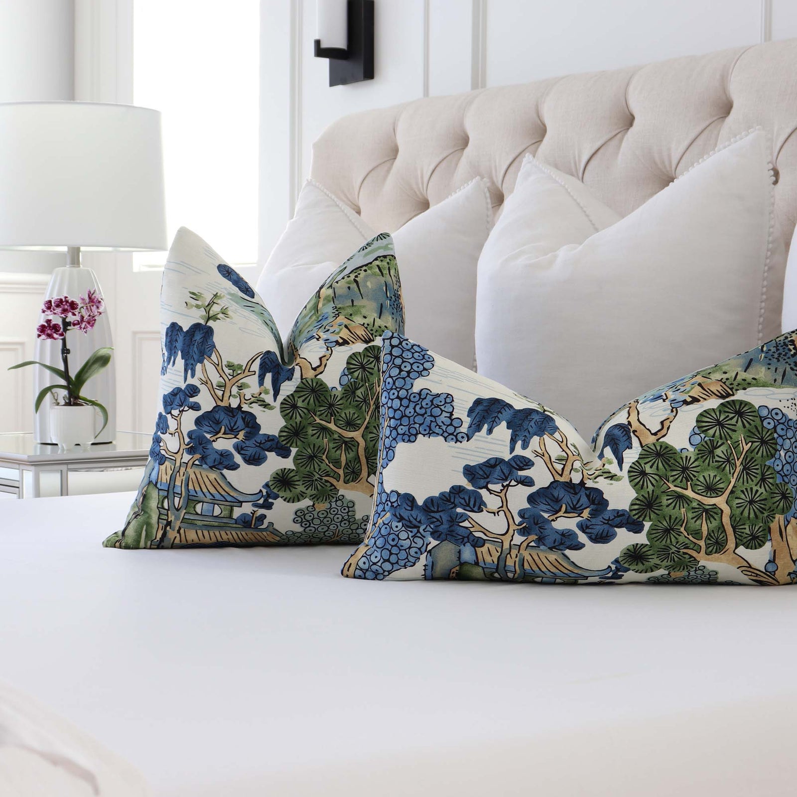 Thibaut Asian Scenic Blue and Green Chinoiserie Designer Luxury Decorative Throw Pillow Cover in Bedroom on Bed