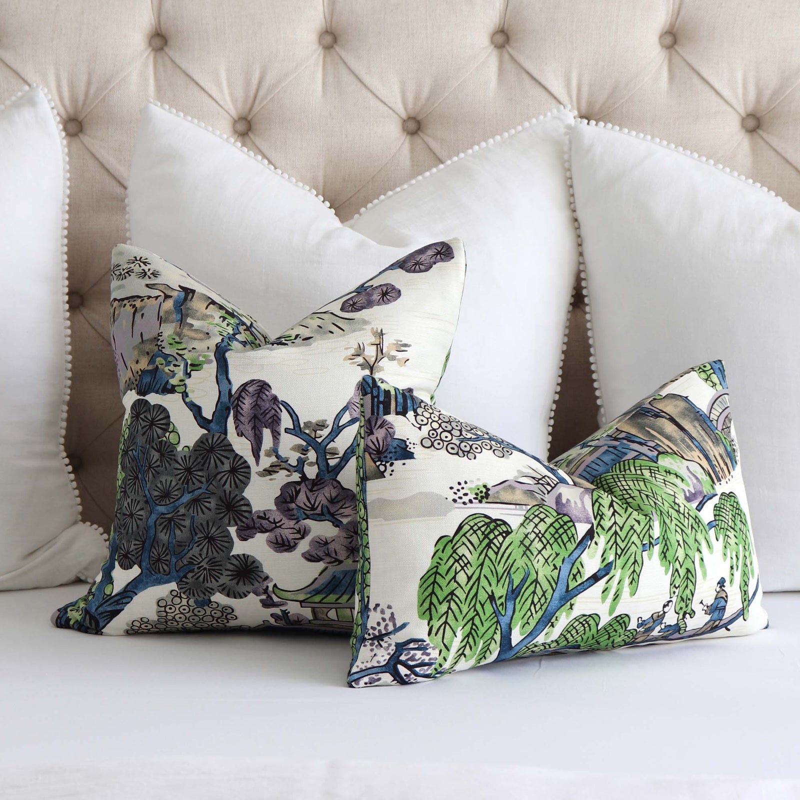 Thibaut Asian Scenic Chinoiserie Purple and Blue Designer Luxury Decorative Throw Pillow Cover on Bed with White Euro Shams
