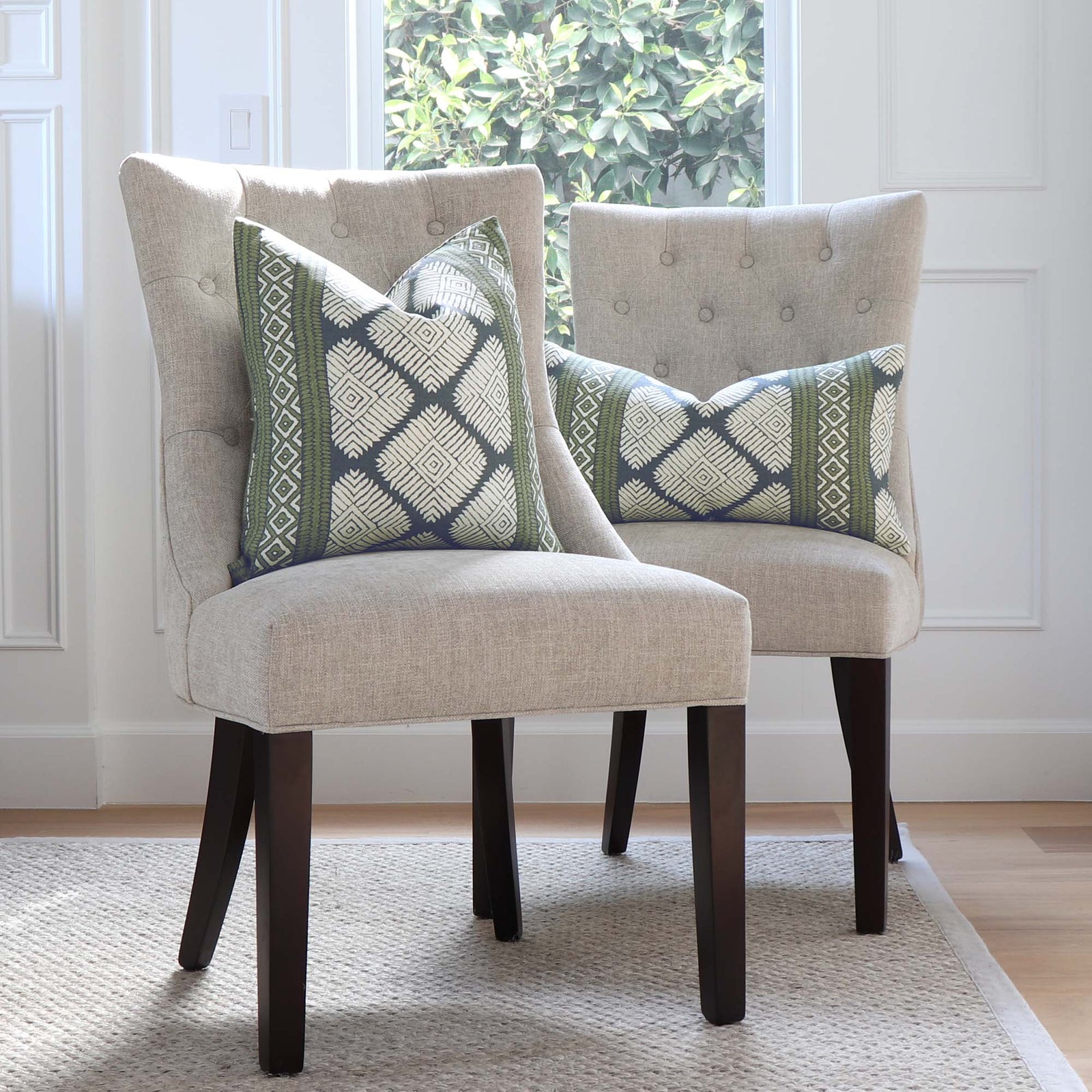 Thibaut Austin Bluestone and Green Ikat Block Print Designer Luxury Decorative Throw Pillow Cover on Chairs in Living Room