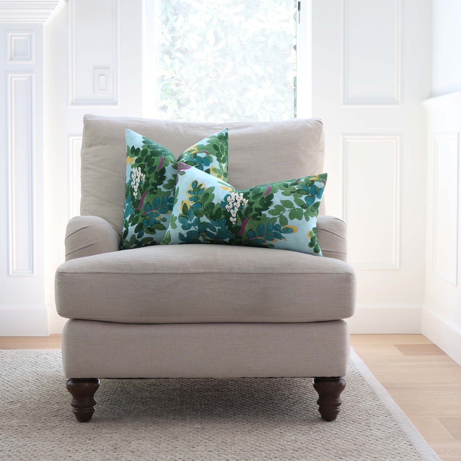 Thibaut Central Park Floral Sky Blue Designer Luxury Throw Pillow Cover on Big Comfy Arm Chair