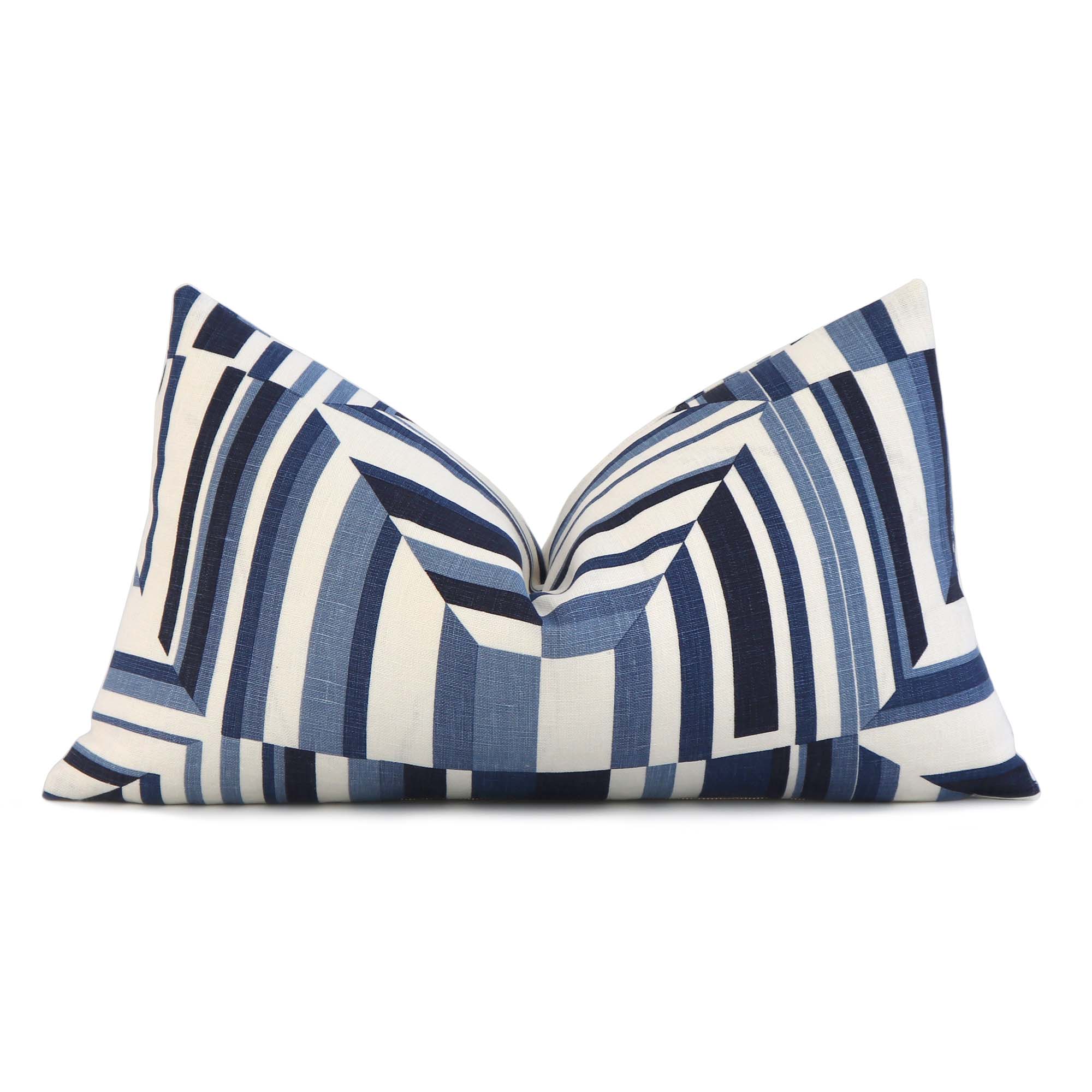 Thibaut Cubism Geometric Blue and White Stripes Linen Designer Luxury Decorative Lumbar Throw Pillow Cover