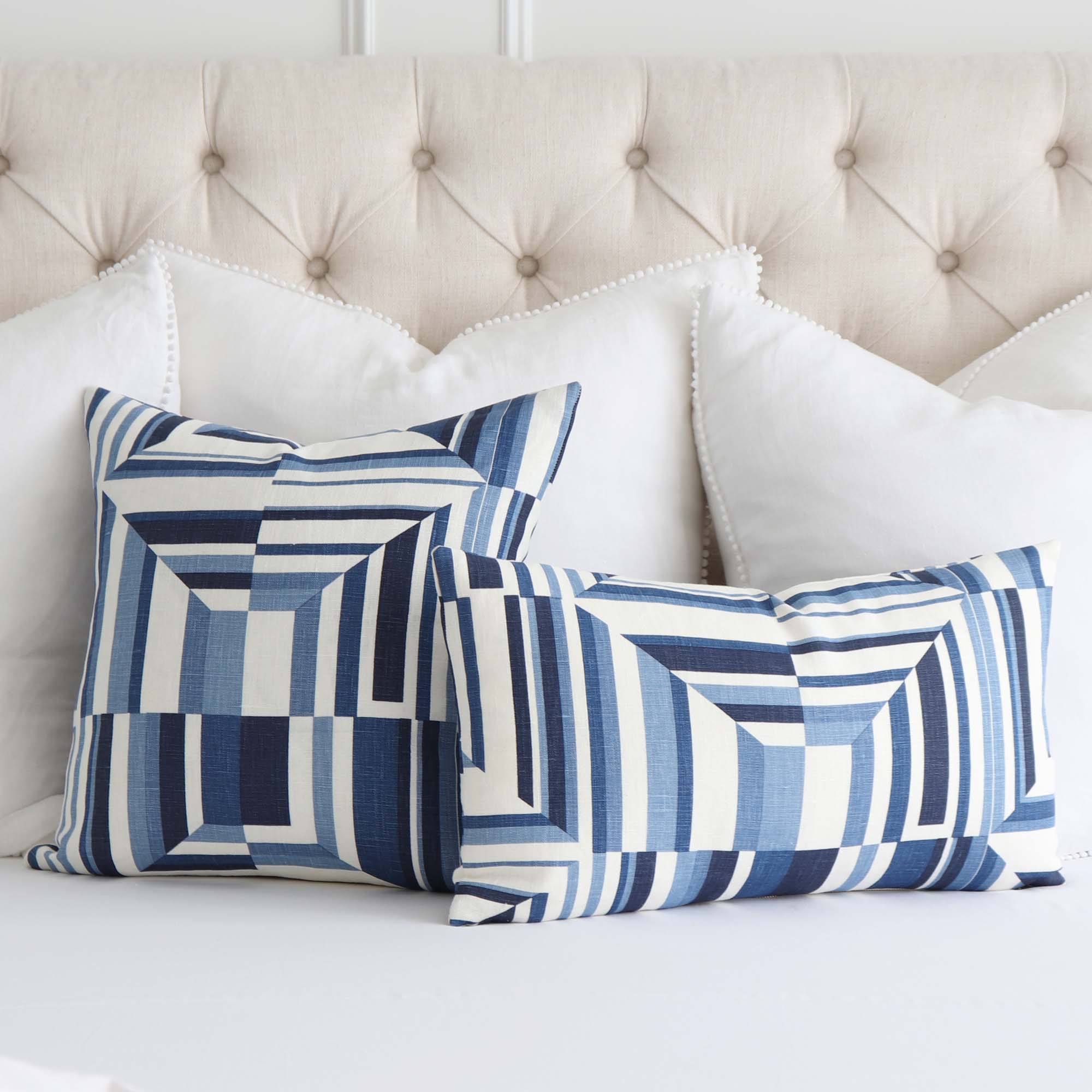 Thibaut Cubism Geometric Blue and White Stripes Linen Designer Luxury Decorative Throw Pillow Cover on Queen Bed with Big White Euro Shams