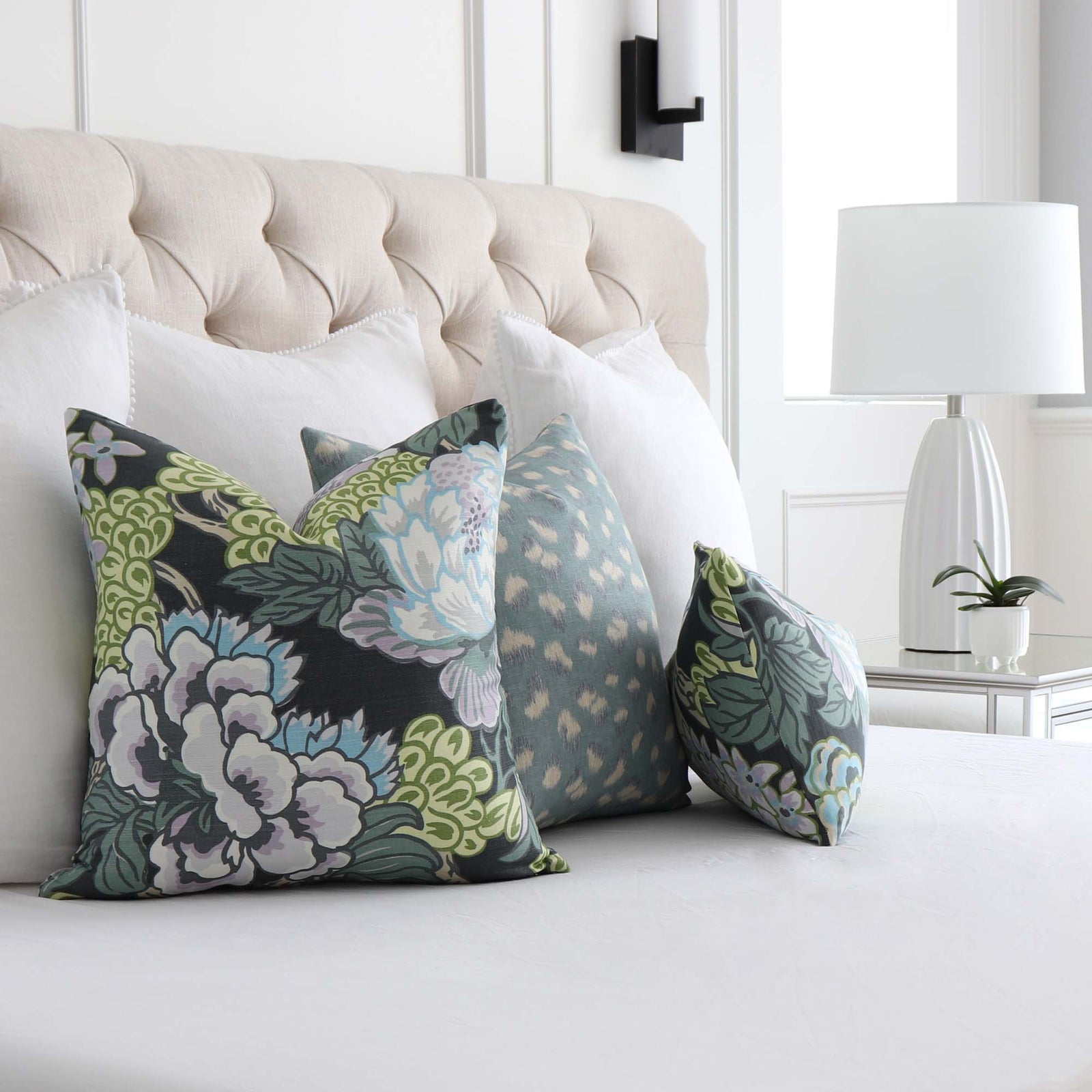 Thibaut Honshu Floral Grey Designer Decorative Throw Pillow Cover on Bed
