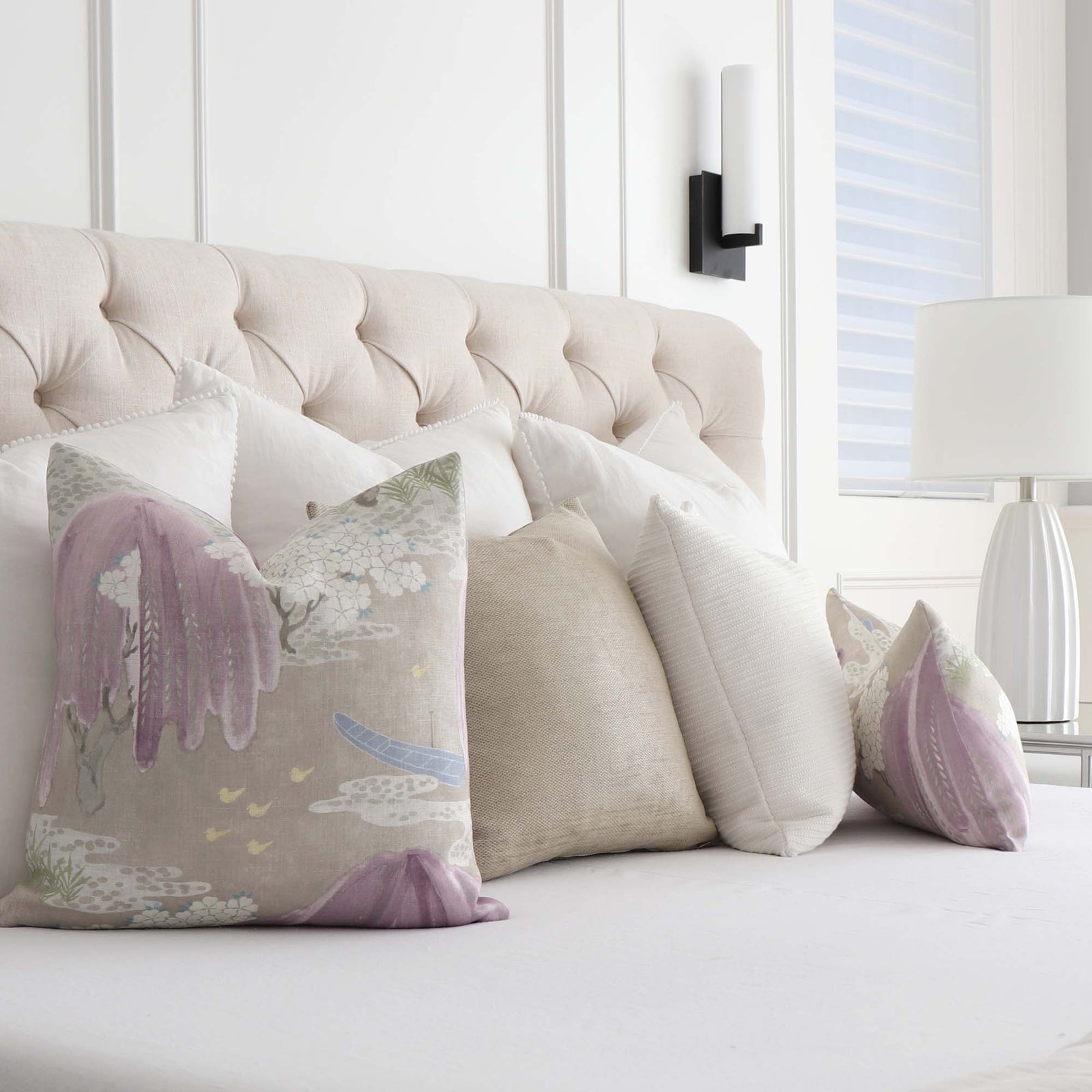 Thibaut Willow Tree Lavender Purple Chinoiserie Floral Decorative Throw Pillow Cover in Bedroom with Matching Pillows