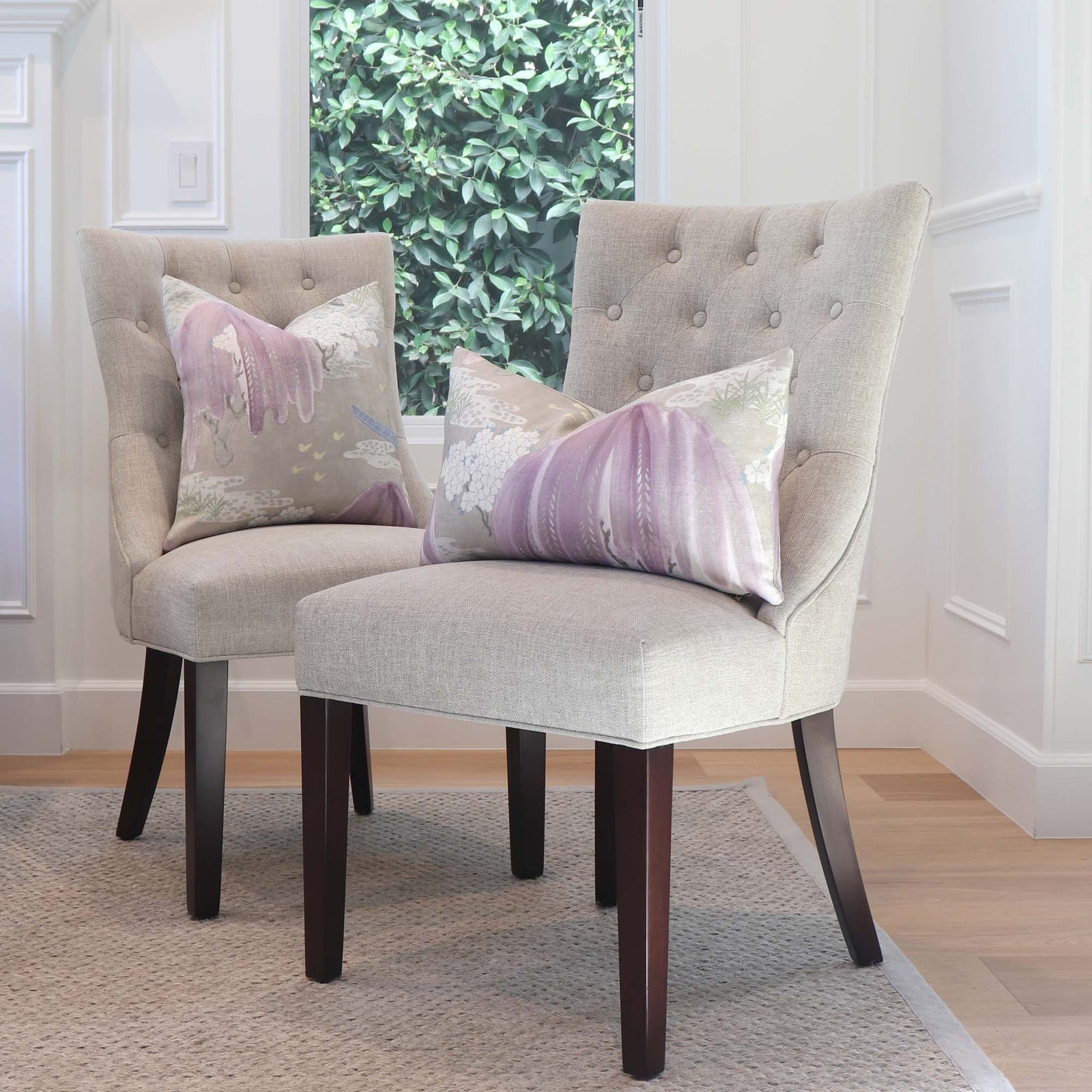 Thibaut Willow Tree Lavender Purple Chinoiserie Floral Decorative Throw Pillow Cover on Dining Chairs in Home