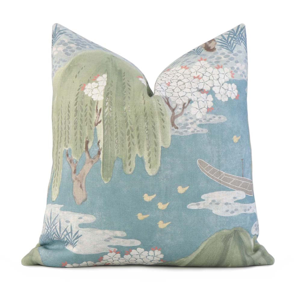 Thibaut Willow Tree Turquoise Blue Chinoiserie Printed Floral Decorative Throw Pillow Cover