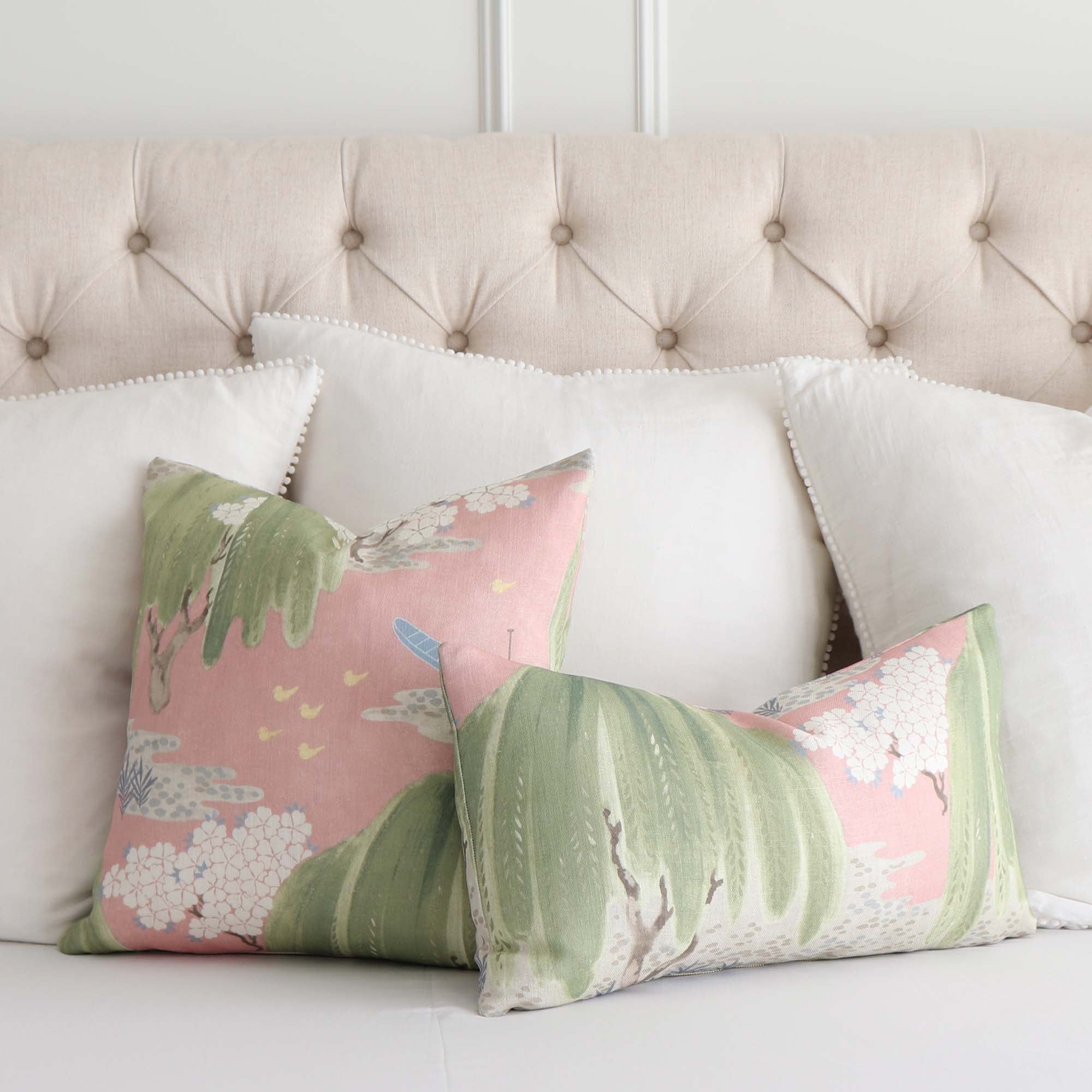 Thibaut Willow Tree Blush Pink Chinoiserie Printed Floral Decorative Throw Pillow Cover on Bed with Large White Euro Shams