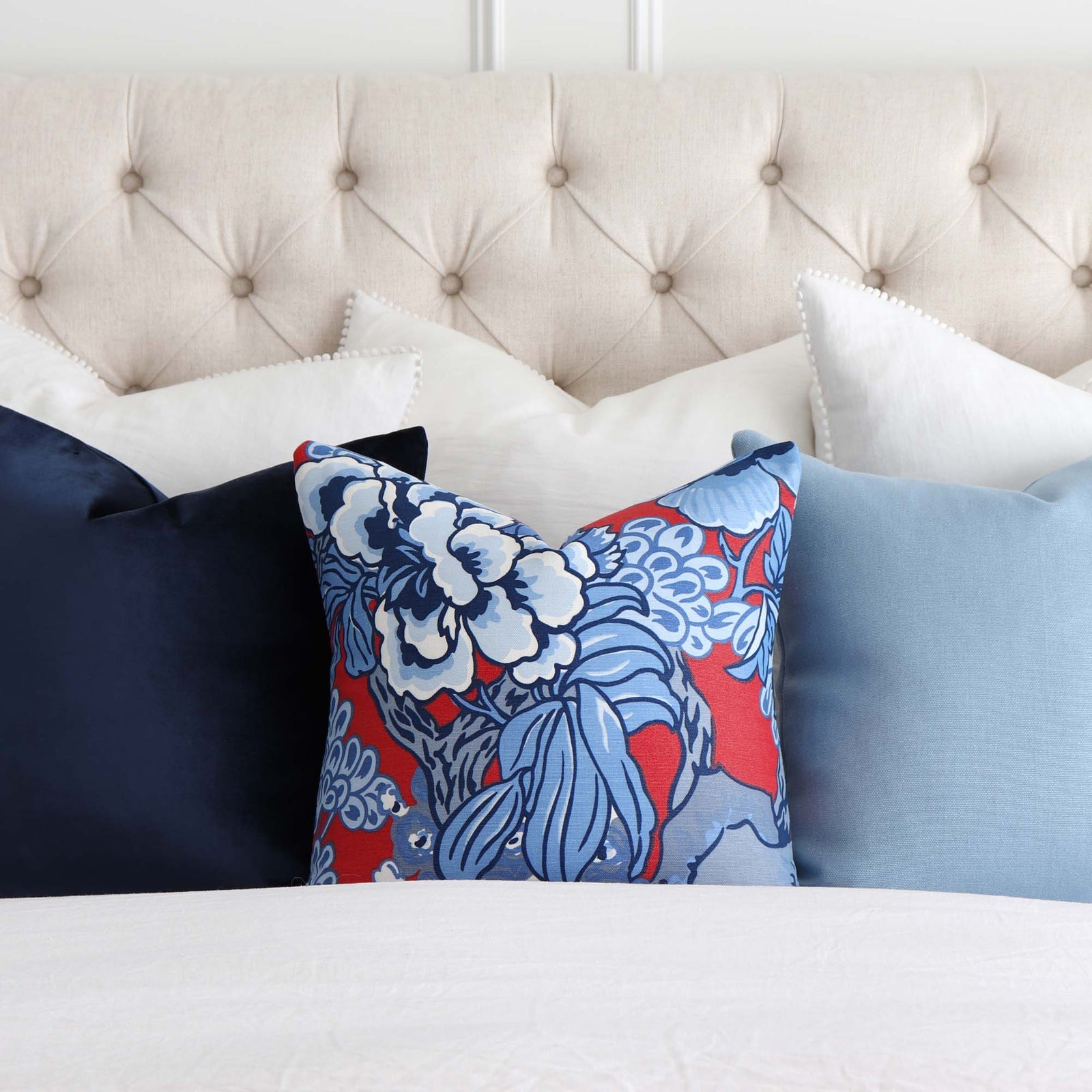 Thibaut Honshu Red and Blue Floral Decorative Designer Throw Pillow Cover on King Size Bed