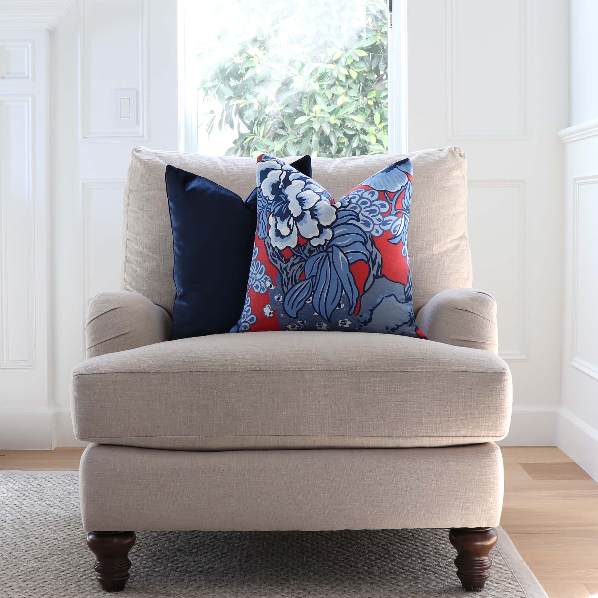 Thibaut Honshu Red and Blue Floral Decorative Designer Throw Pillow Cover on Armchair