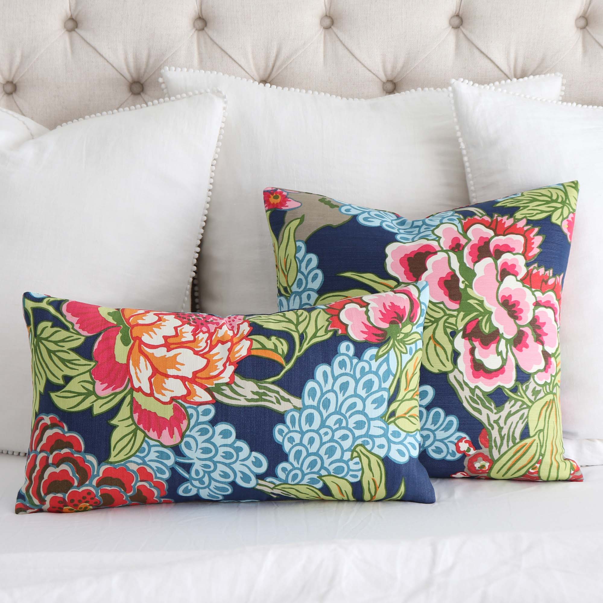 Thibaut Honshu Navy Floral Designer Throw Pillow Cover on White Linen Bedding