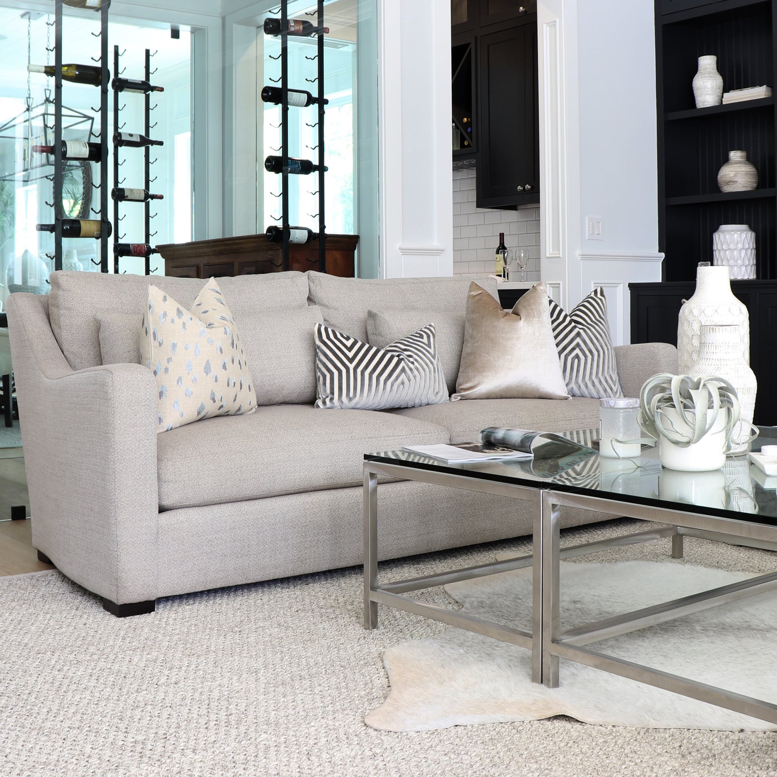 Schumacher Vanderbilt Dove Velvet Designer Throw Pillow Cover on Sofa