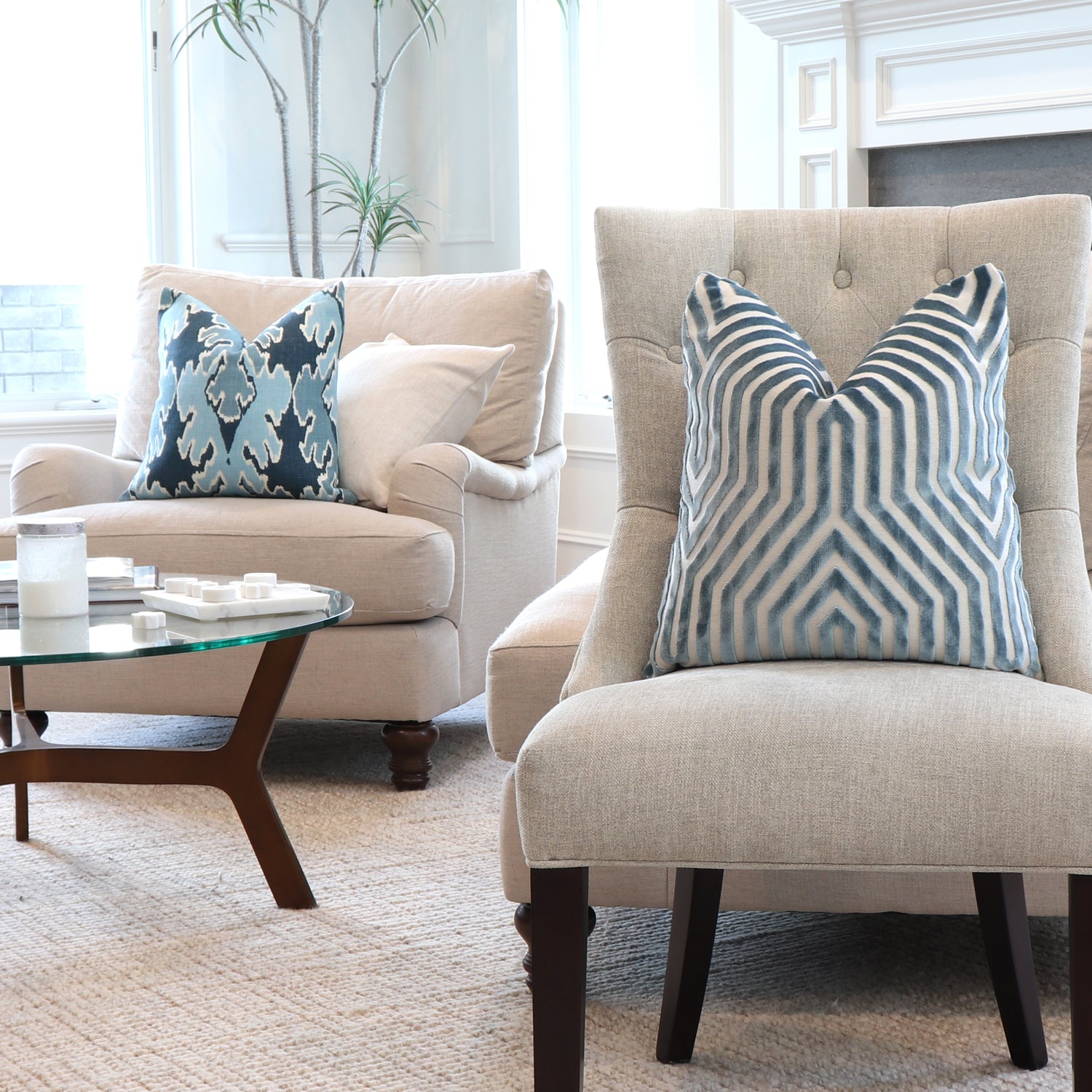 Vanderbilt Marine Velvet Pillow Cover with Light Blue Pillows