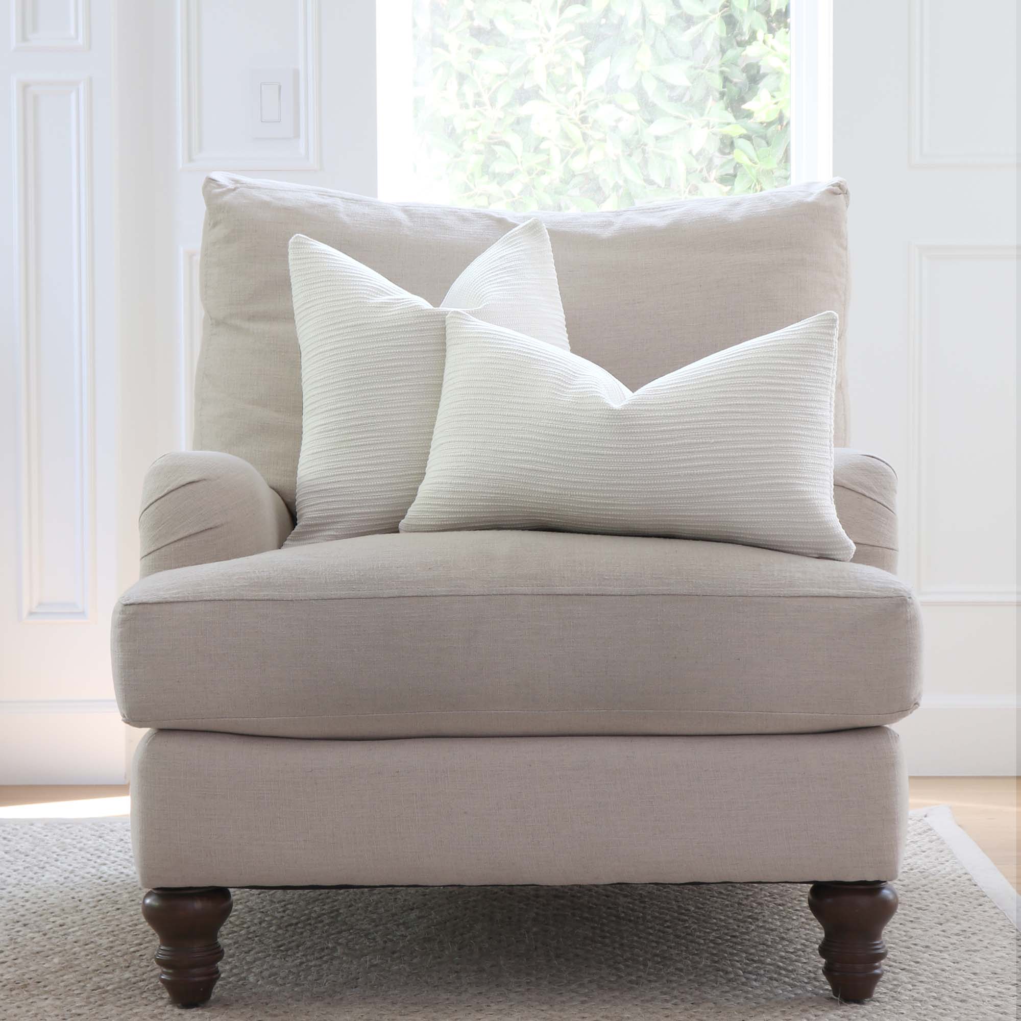 Zak + Fox Jibari Textured White Luxury Designer Throw Pillow Cover on Accent Chair in Home
