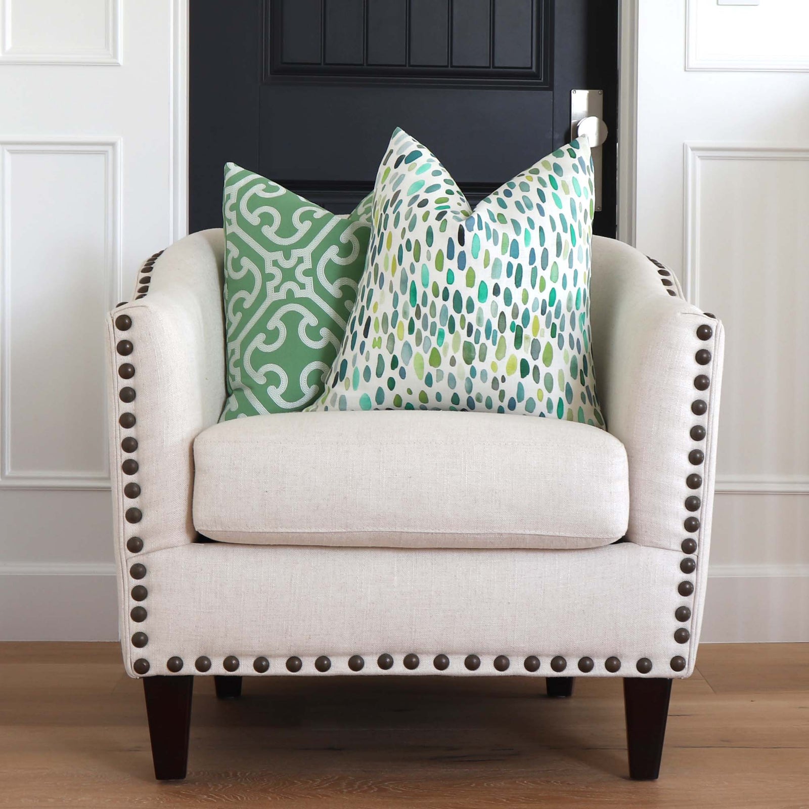 Scalamandre Jamboree Linen Grasshopper Green Hand Painted Brush Strokes Luxury Designer Decorative Throw Pillow Cover on Accent Chair in Home