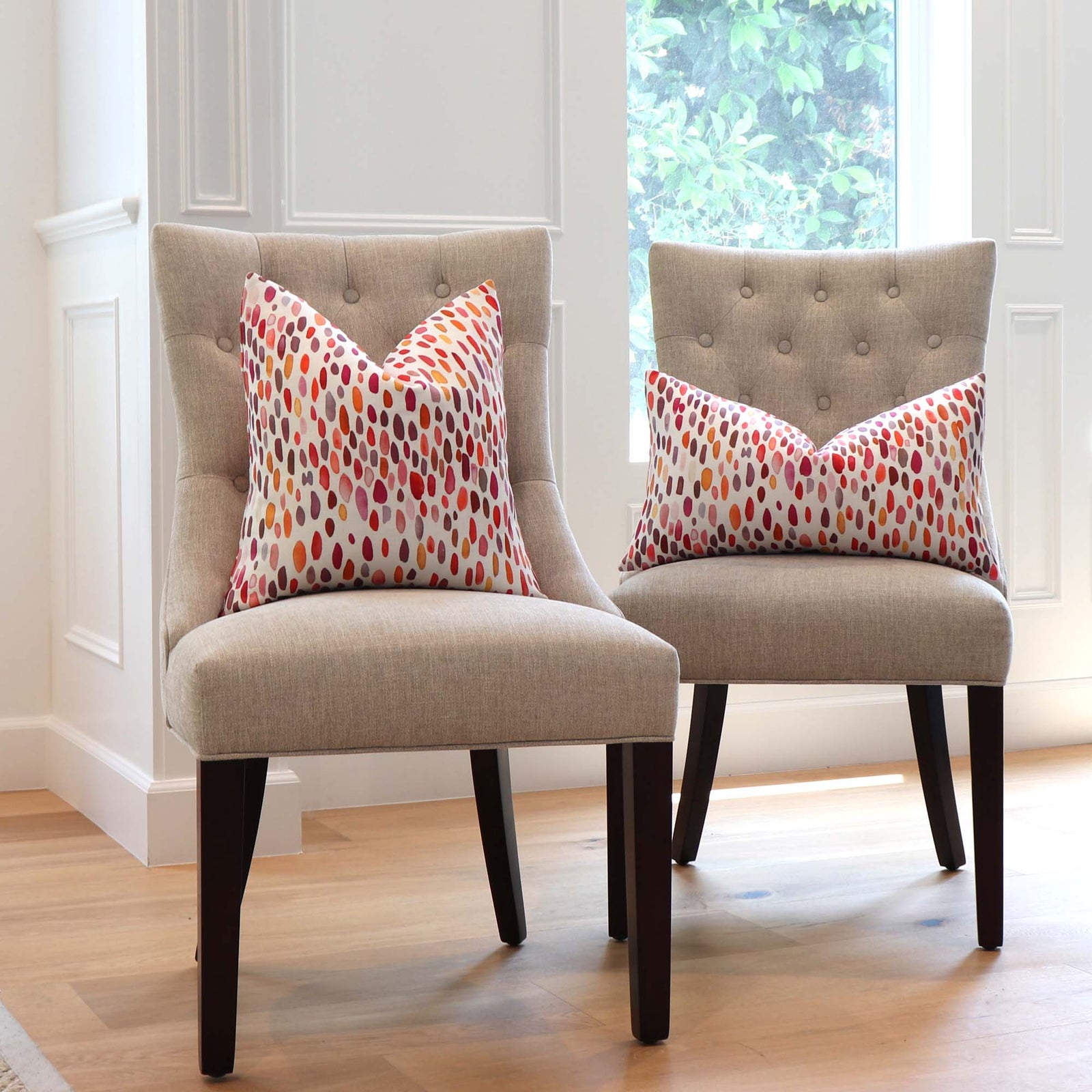 Scalamandre Jamboree Linen Brush Strokes Polka Dots Wild Berry Designer Luxury Throw Pillow Cover on Dining Chairs in Home Decor