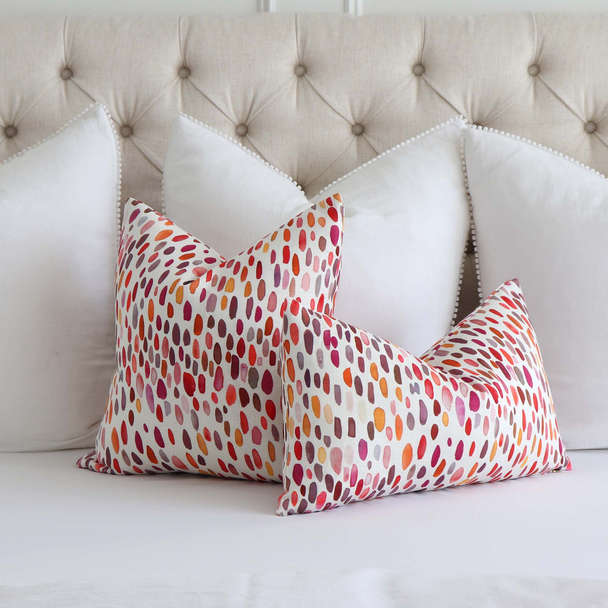 Scalamandre Jamboree Linen Brush Strokes Polka Dots Wild Berry Designer Luxury Throw Pillow Cover with White Linen Euro Shams on Bed