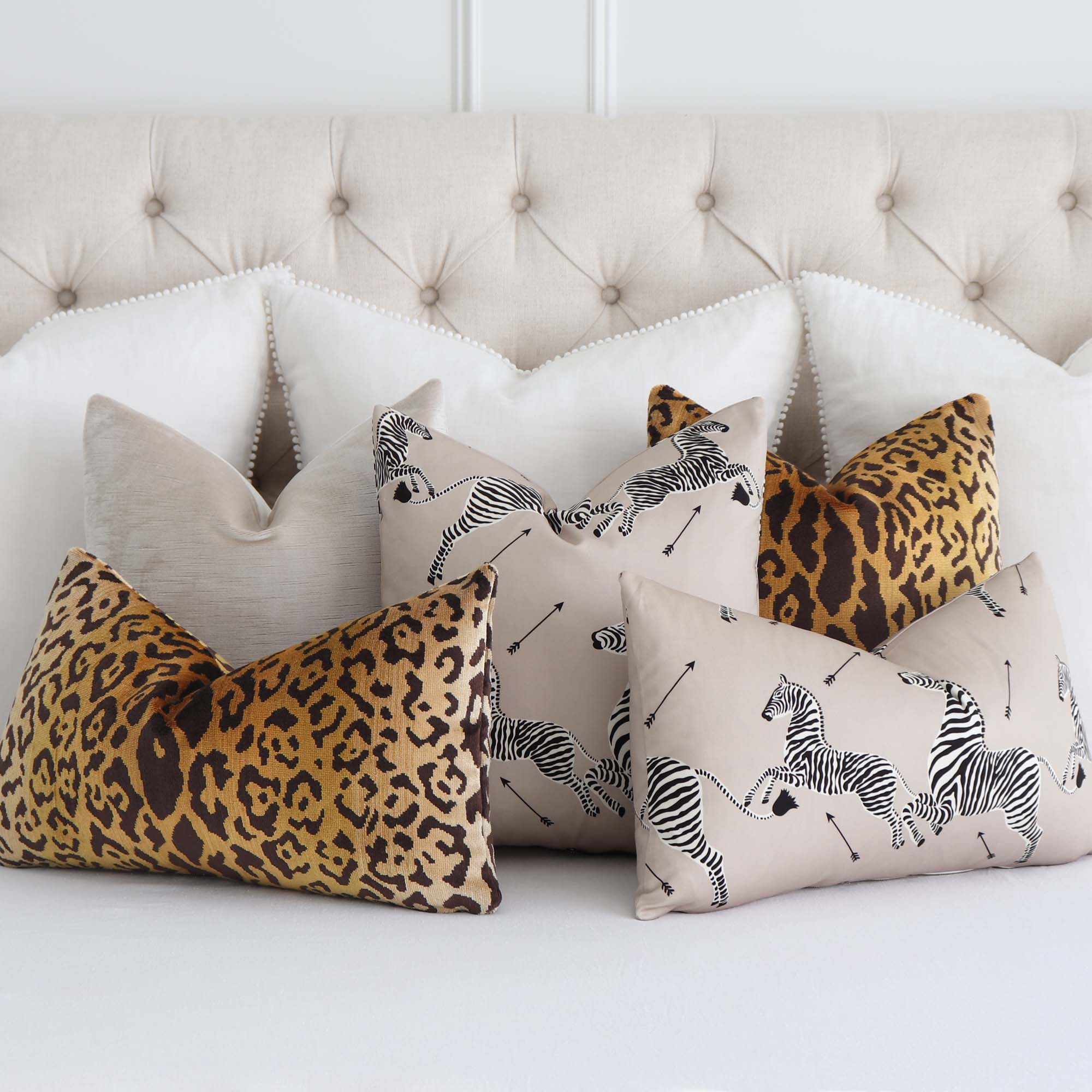 Scalamandre Leopardo Ivory Gold Black Silk Velvet Animal Skin Pattern Designer Throw Pillow Cover in Pillow Mix on Bed