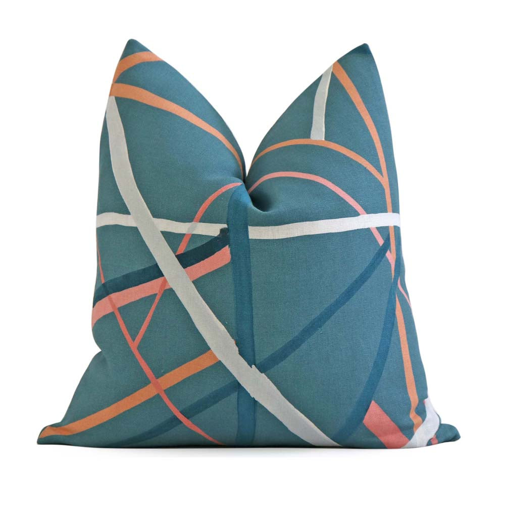 Kelly Wearstle Simpatico Teal Blue Striped Designer Decorative Throw Pillow Cover