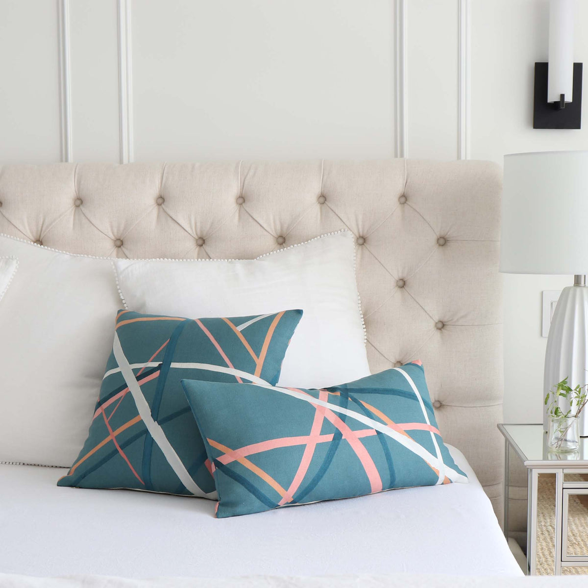 Kelly Wearstle Simpatico Teal Blue Striped Designer Decorative Throw Pillow Cover in Bedroom