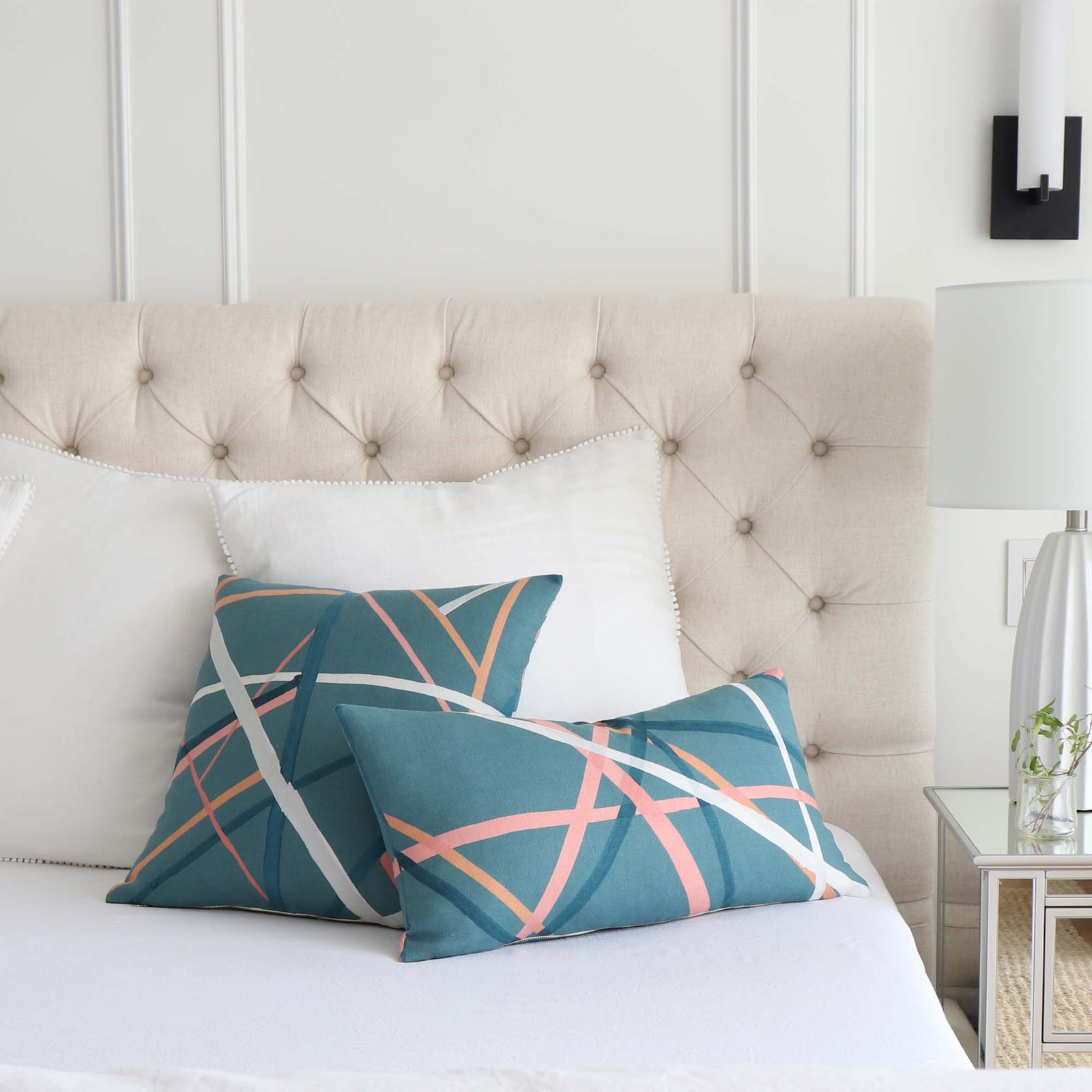 Kelly Wearstle Simpatico Teal Blue Striped Designer Decorative Throw Pillow Cover