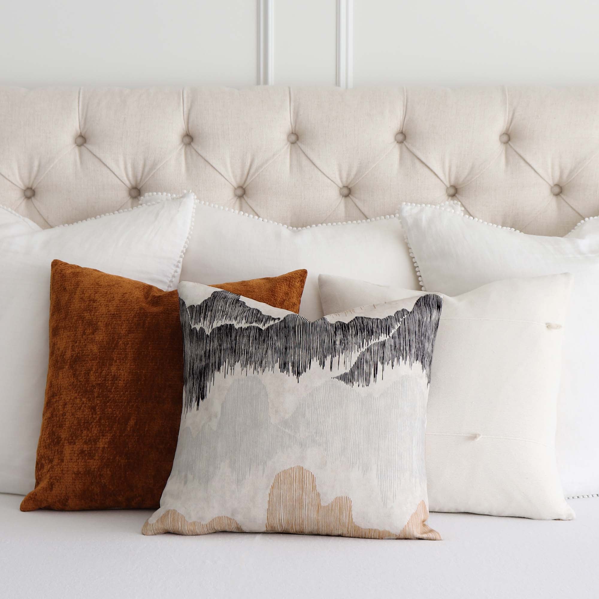 Kelly Wearstler Cascadia Basalt Tan Black Modern Chinoiserie Designer Luxury Decorative Throw Pillow Cover