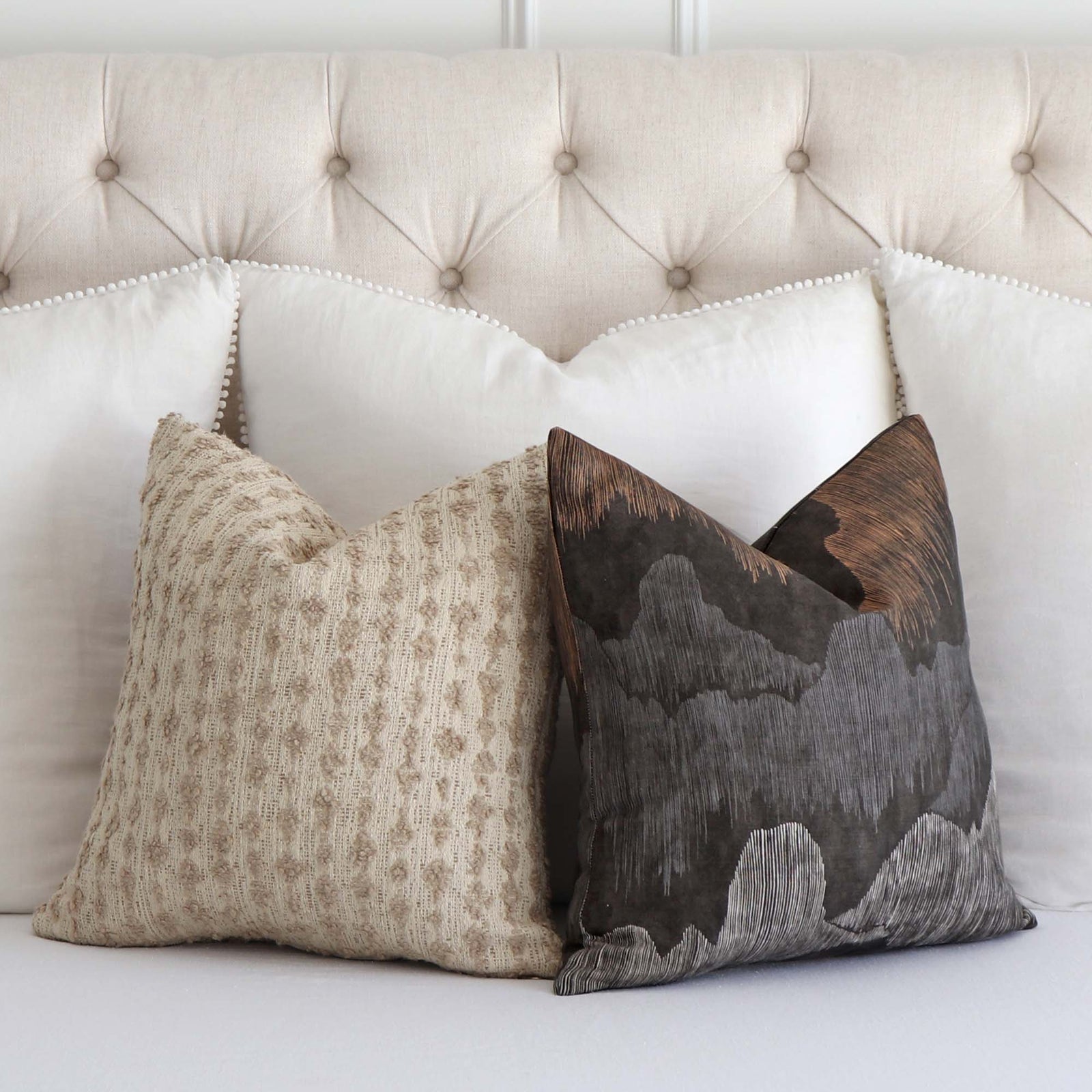 Kelly Wearstler Cascadia Noir Grey Modern Chinoiserie Designer Luxury Throw Pillow Cover with Complementing Throw Pillow