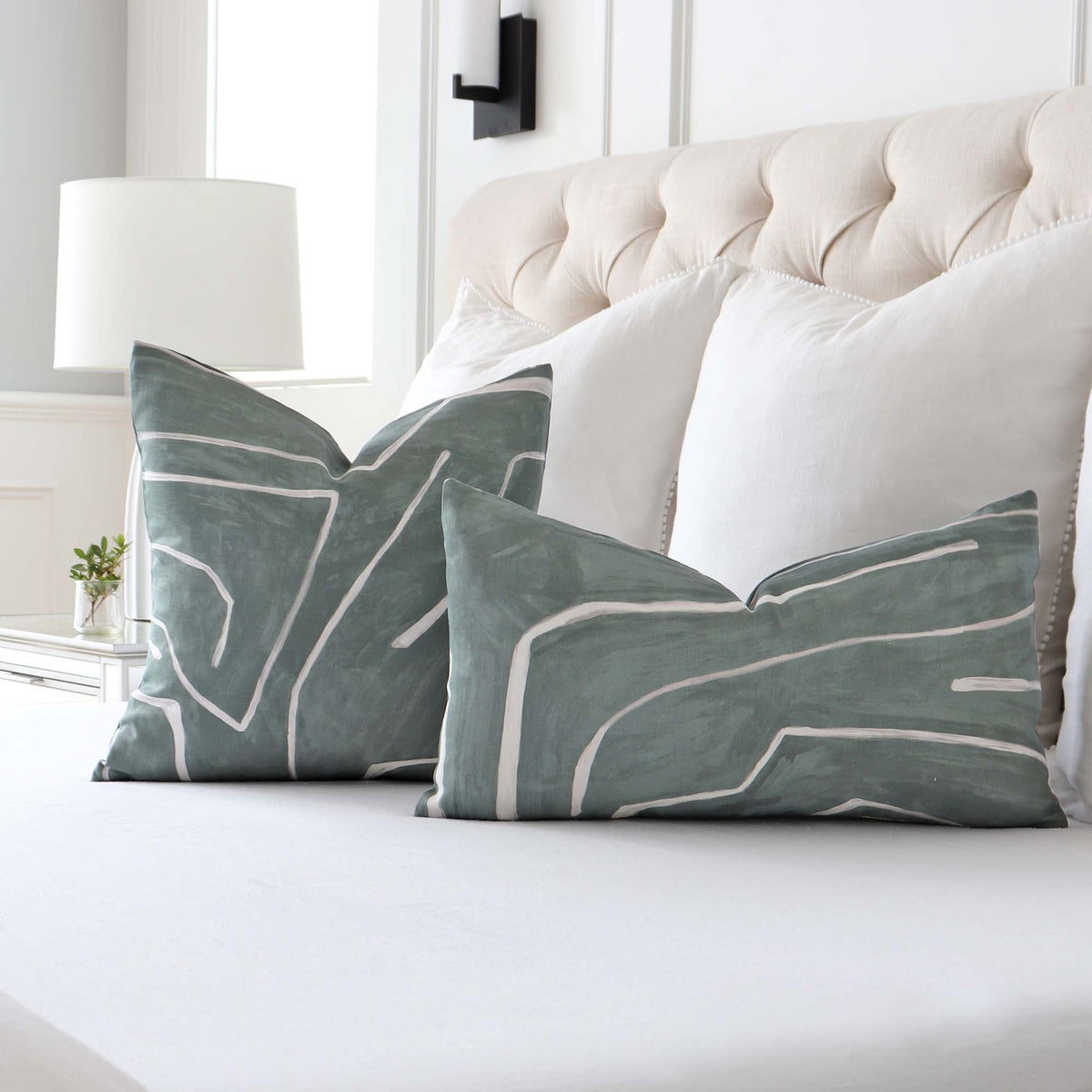 Kelly Wearstler Graffito Denim Designer Throw Pillow Cover in Bedroom