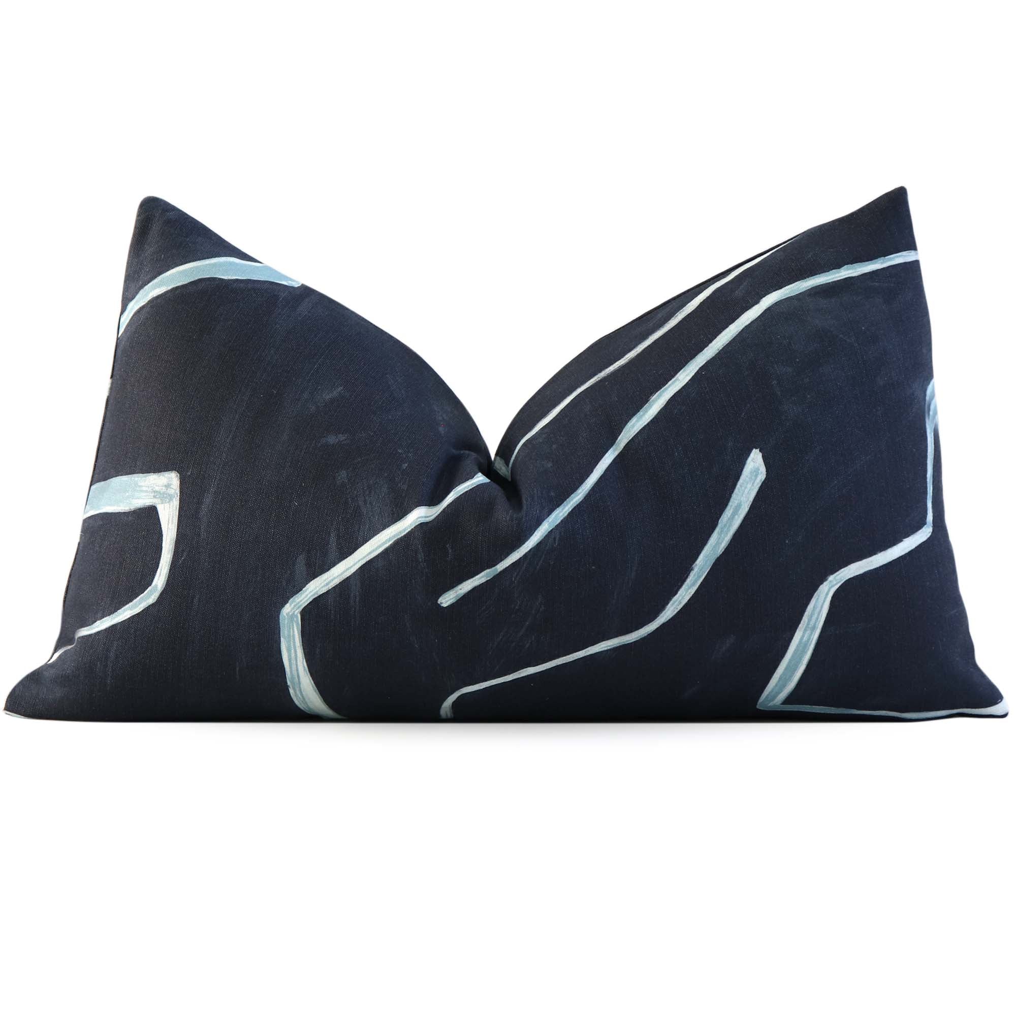 Kelly Wearstler Graffito Navy Blue Contemporary Designer Lumbar Throw Pillow Cover 