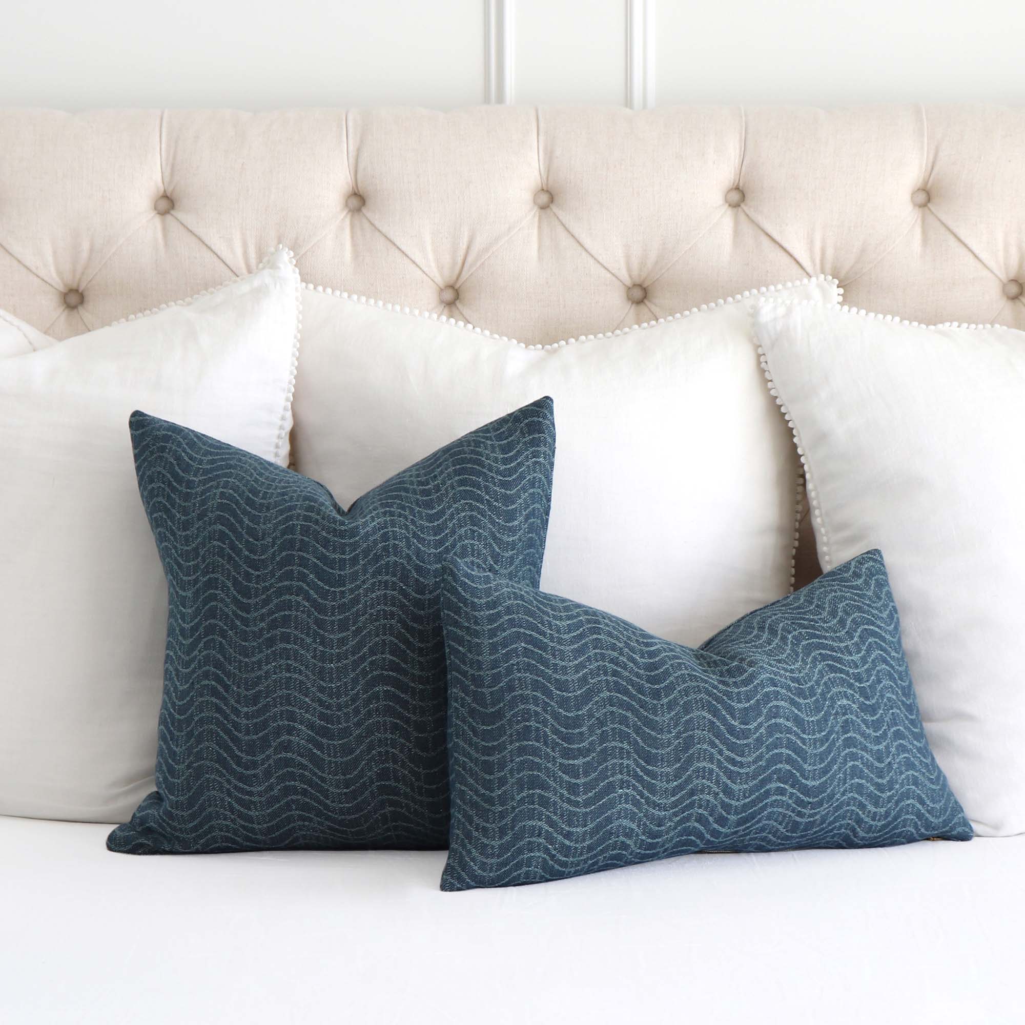 Kelly Wearstler LeeJofa Dadami Marlin Cobalt Denim Blue Woven Linen Striped Designer Throw Pillow Cover on Bed