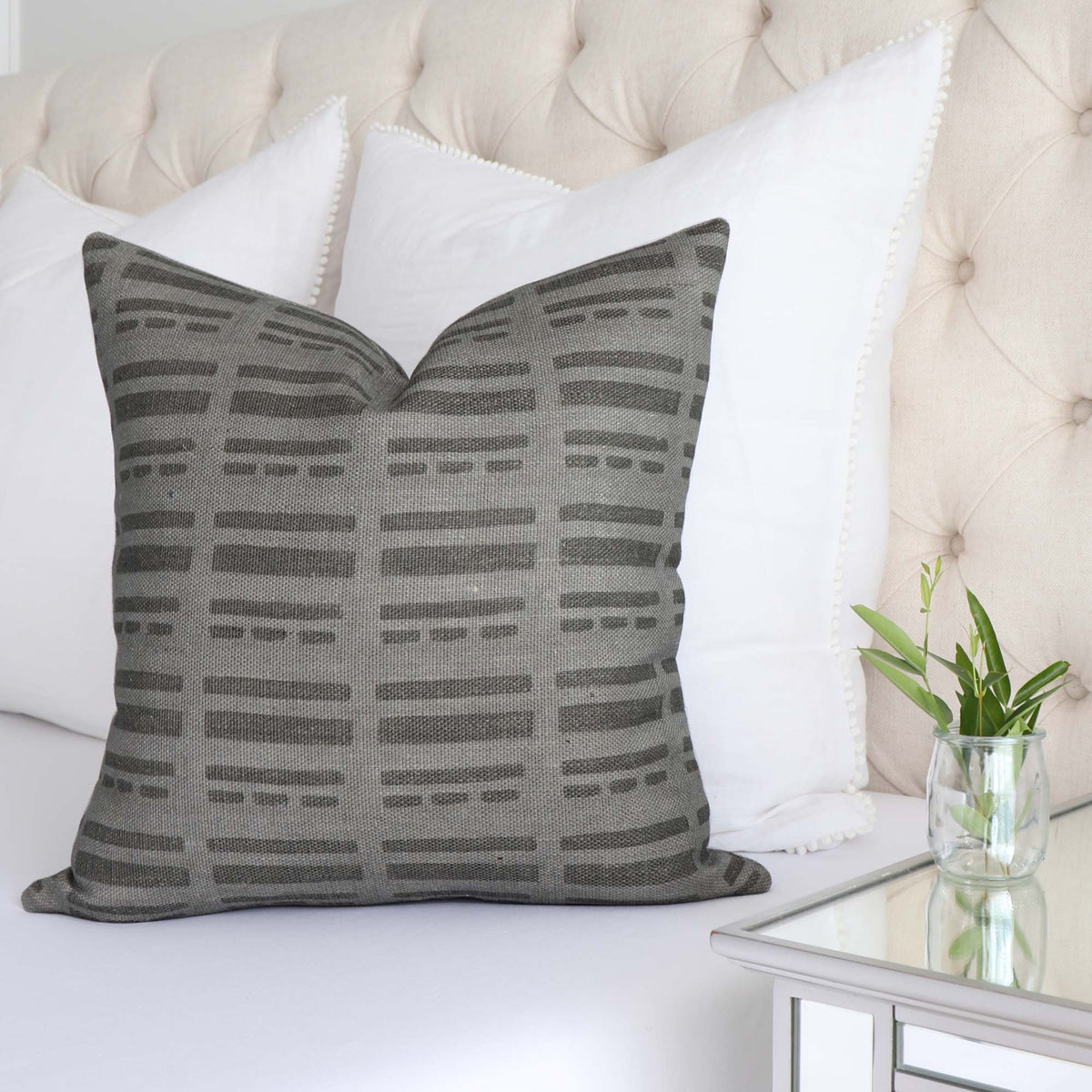 Kelly Wearstler Lee Jofa Kravet Sift Shadowplay Sage Green Graphic Striped Luxury Designer Throw Pillow Cover on Bed