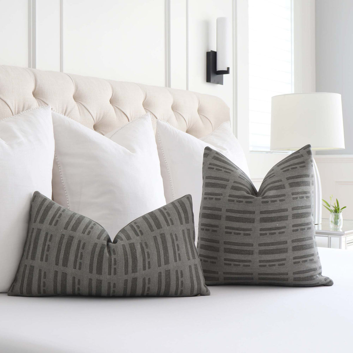 Kelly Wearstler Lee Jofa Kravet Sift Shadowplay Sage Green Graphic Striped Luxury Designer Throw Pillow Cover on Bed in Bedroom