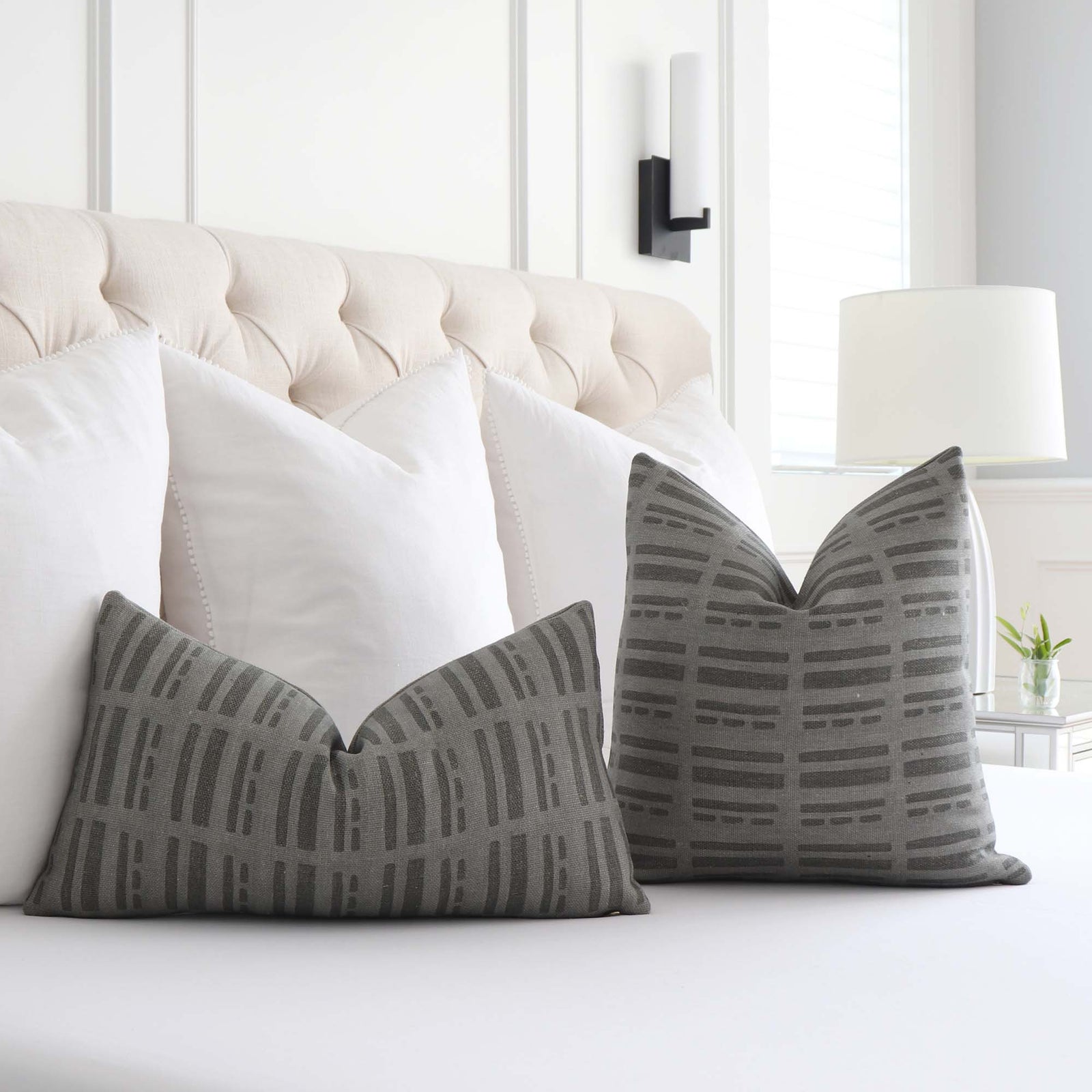 Kelly Wearstler Lee Jofa Kravet Sift Shadowplay Sage Green Graphic Striped Luxury Designer Throw Pillow Cover