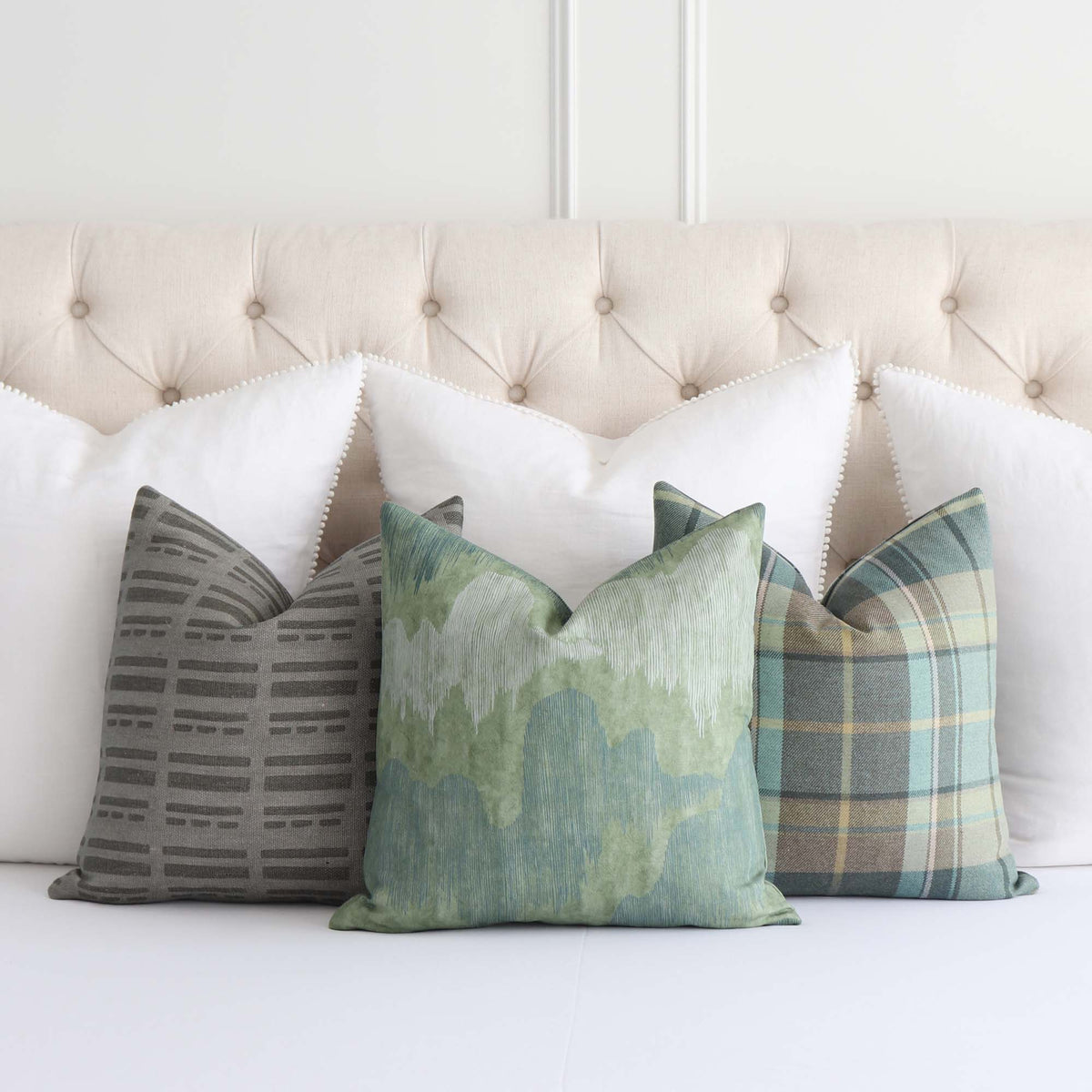 Kelly Wearstler Lee Jofa Kravet Sift Shadowplay Sage Green Graphic Striped Luxury Designer Throw Pillow Cover with Complementing Throw Pillows on Bed