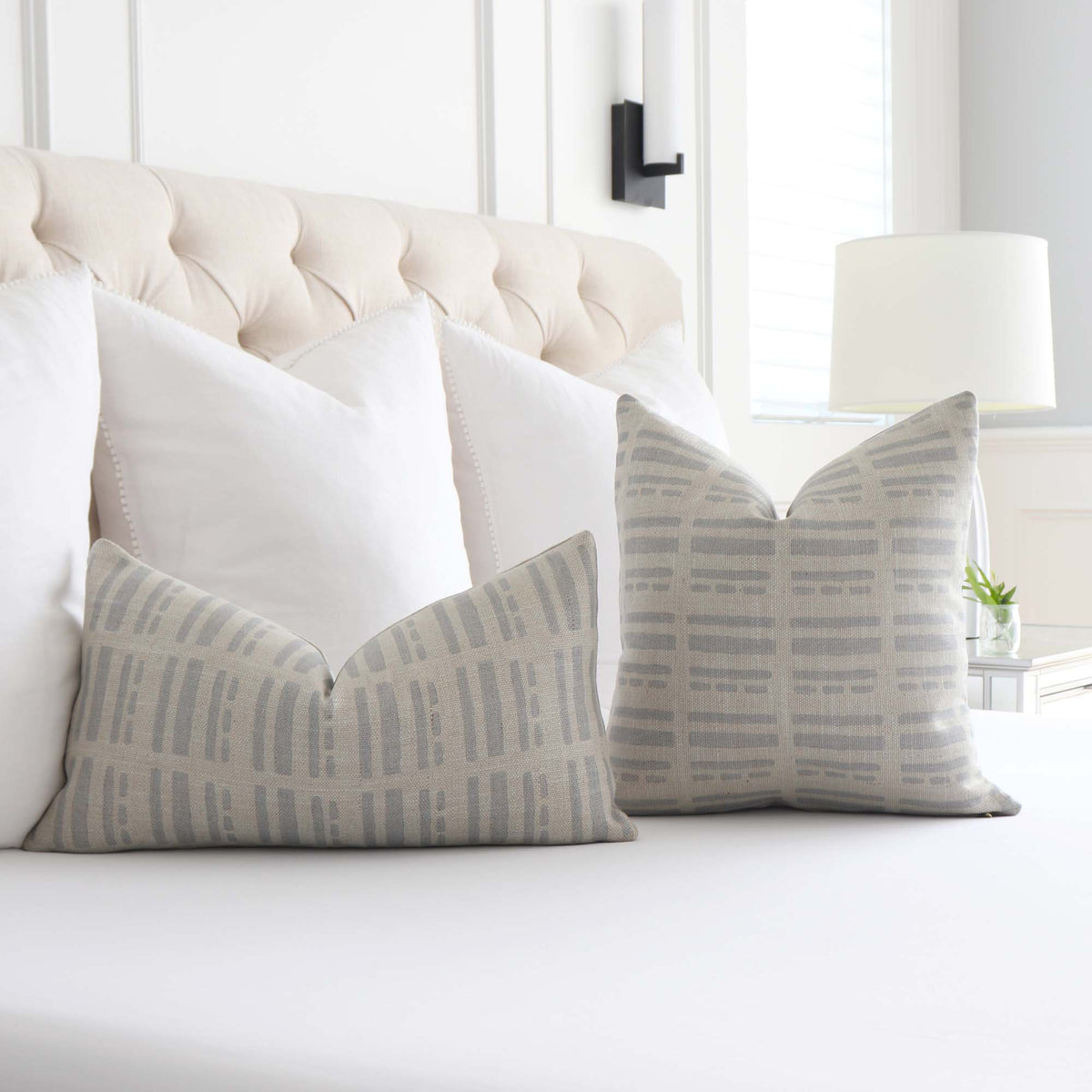 Kelly Wearstler Sift Silvermist Jute Striped Designer Throw Pillow Cover In Bedroom